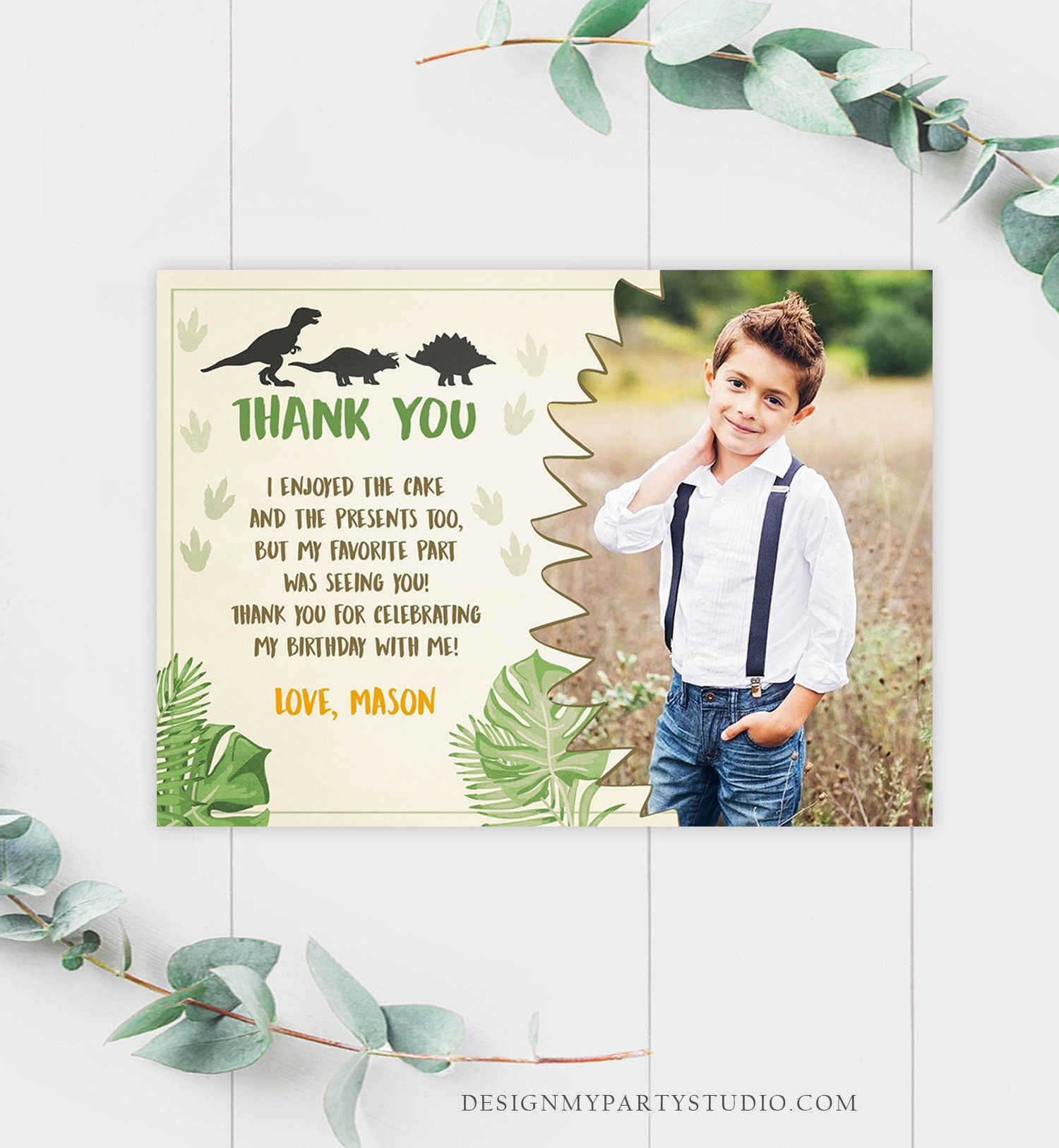 Editable Dinosaur Thank You Card Boy Prehistoric Dino Dig Party T-Rex Note Dino Mite Photo Digital Download Template Printable 0043