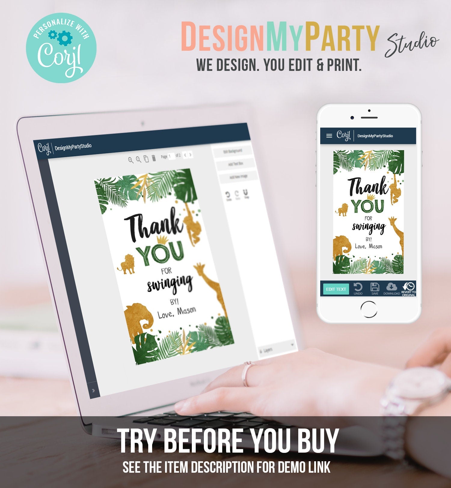 Editable Safari Animals Favor Tags Thank You for Swinging By Wild One Label Jungle Zoo Boy Green Gold Gift Tag Download Corjl Template 0016