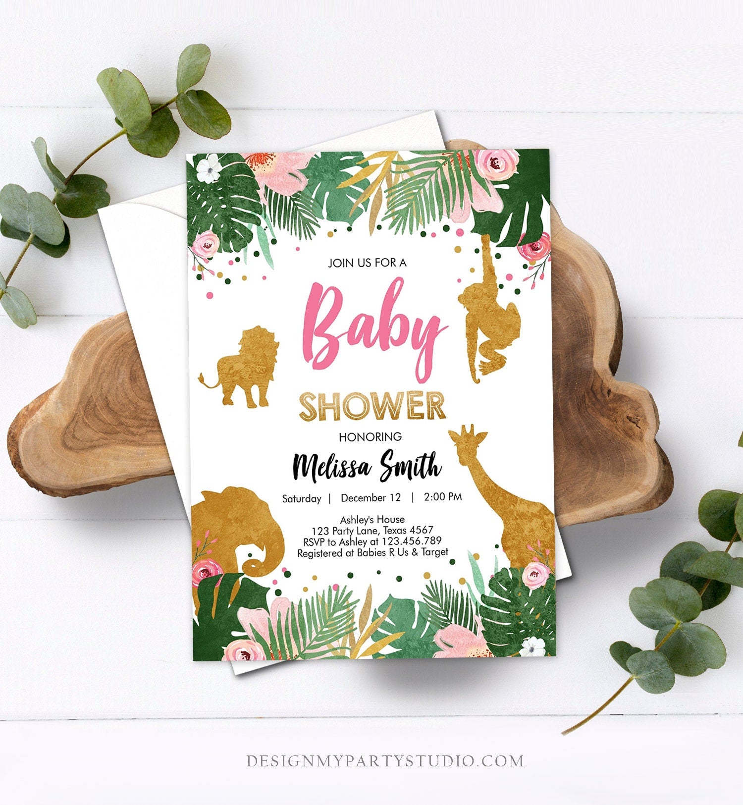 Editable Safari Animals Baby Shower Invitation Wild One Jungle Zoo Wild Animals Pink Gold Girl Corjl Template Instant Download Digital 0016