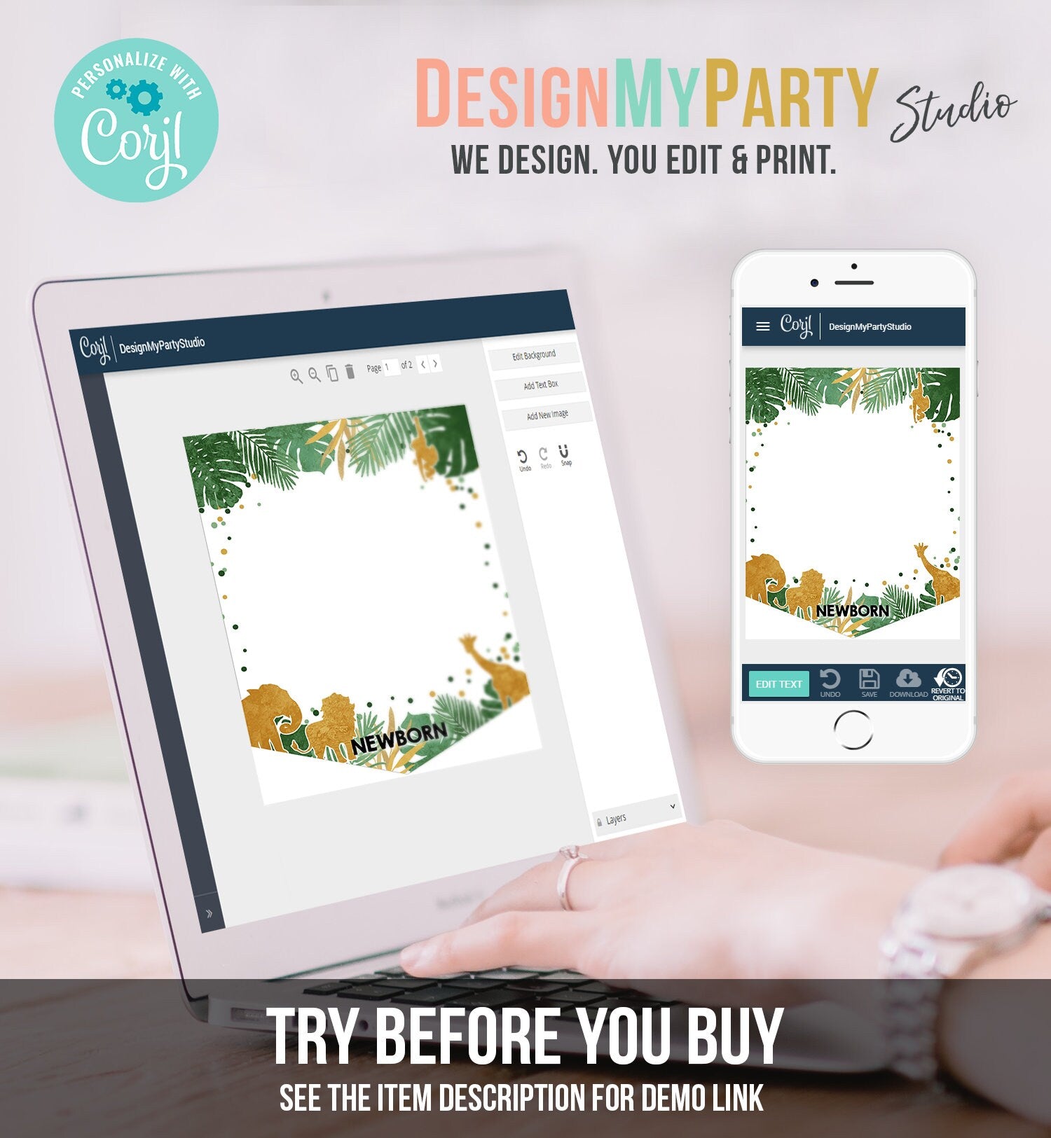 Editable Safari Animals Monthly First Birthday Banner Photo Banner Gold Green Boy Jungle Wild One Digital Download Template Printable 0016