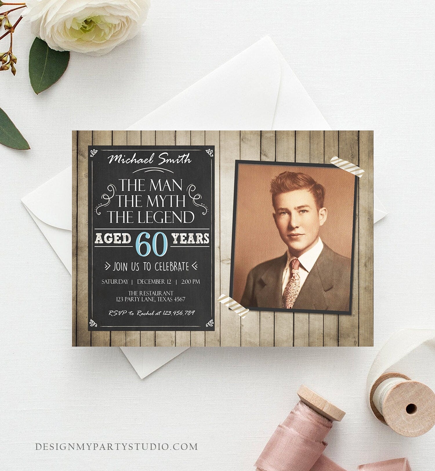 Editable The Man The Myth The Legend Birthday Invitation Man Men Adult Birthday Wood Rustic Chalk Download Printable Invite Corjl 0101
