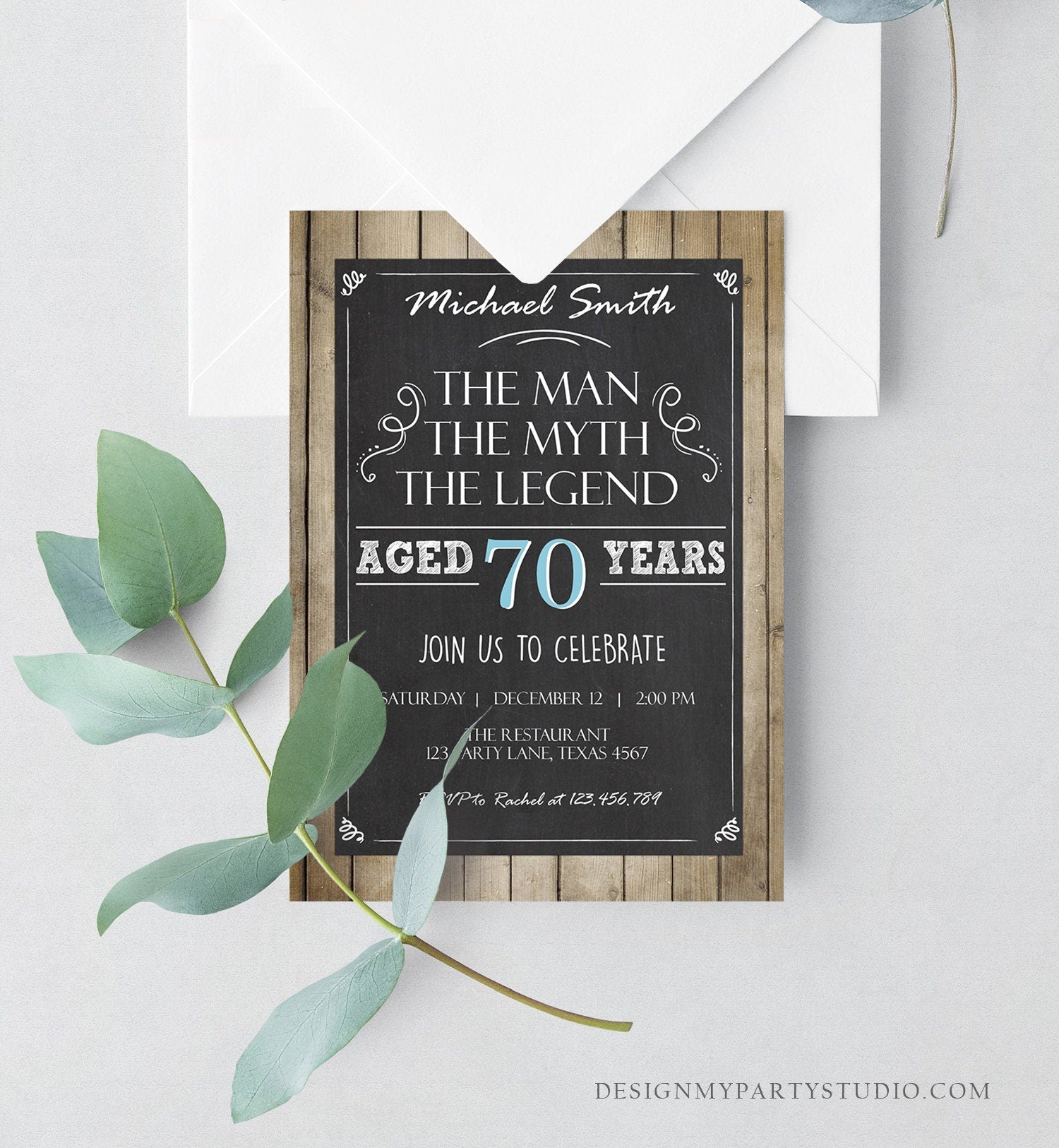 Editable The Man The Myth The Legend Birthday Invite Man Men Adult Birthday Wood Rustic Chalk Download Printable Invitation Corjl 0101