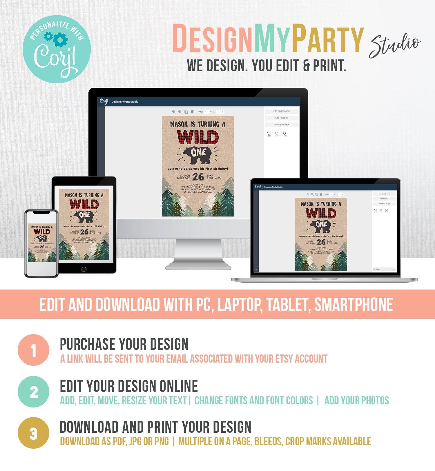 Editable Wild One Birthday Invitation Lumberjack First Birthday Trees Red Black Plaid Outdoor Bear Digital Download Template Printable 0026