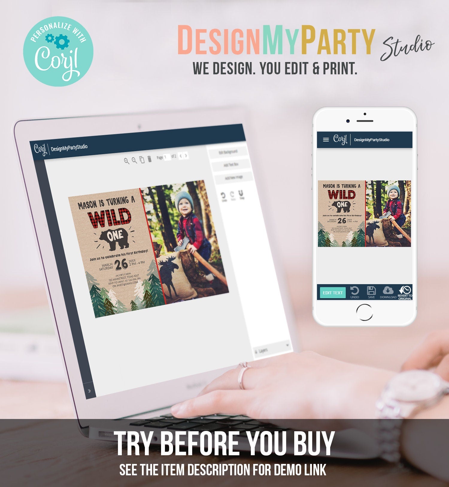 Editable Wild One Birthday Invitation Lumberjack First Birthday Trees Red Black Plaid Outdoor Bear Download Printable Template Corjl 0026