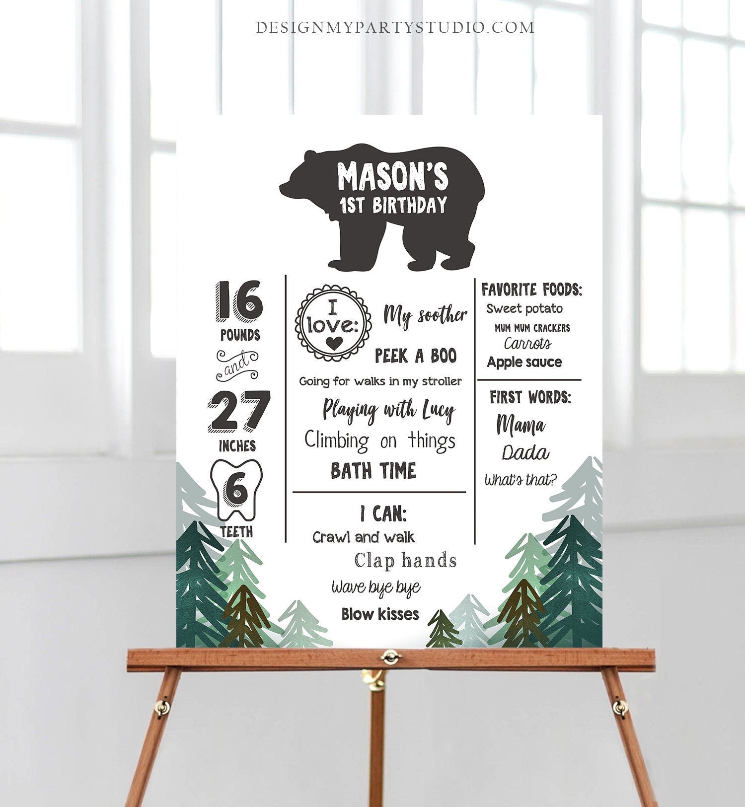 Editable Lumberjack Birthday Milestones Sign Pine Tree Stat Poster Infographic Woodland 1st Birthday Bear Template Printable Corjl 0377