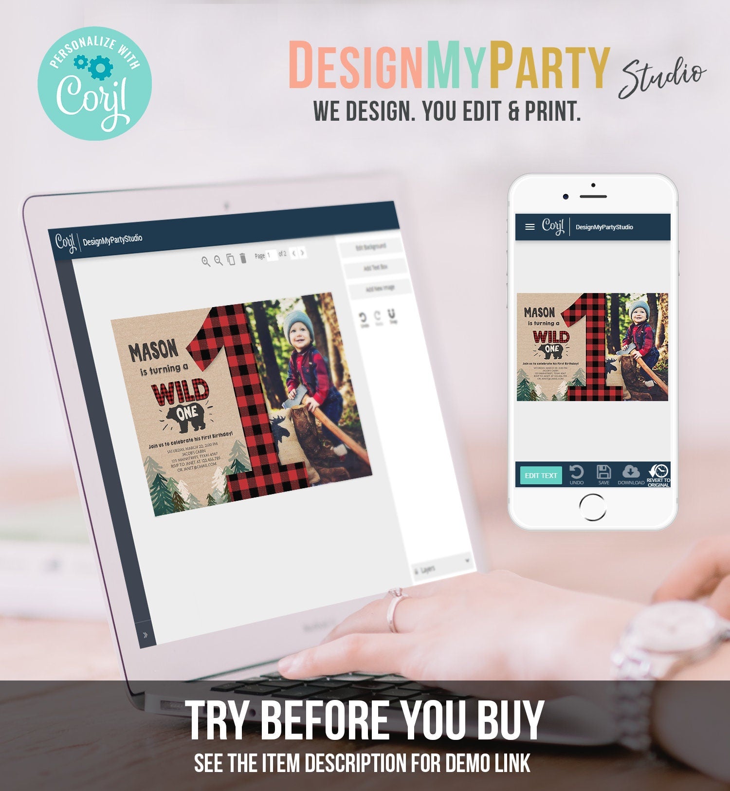 Editable Lumberjack Wild One Birthday Invitation First Birthday Forest Trees Red Plaid Outdoor Bear Boy 1st Digital Template Printable 0026