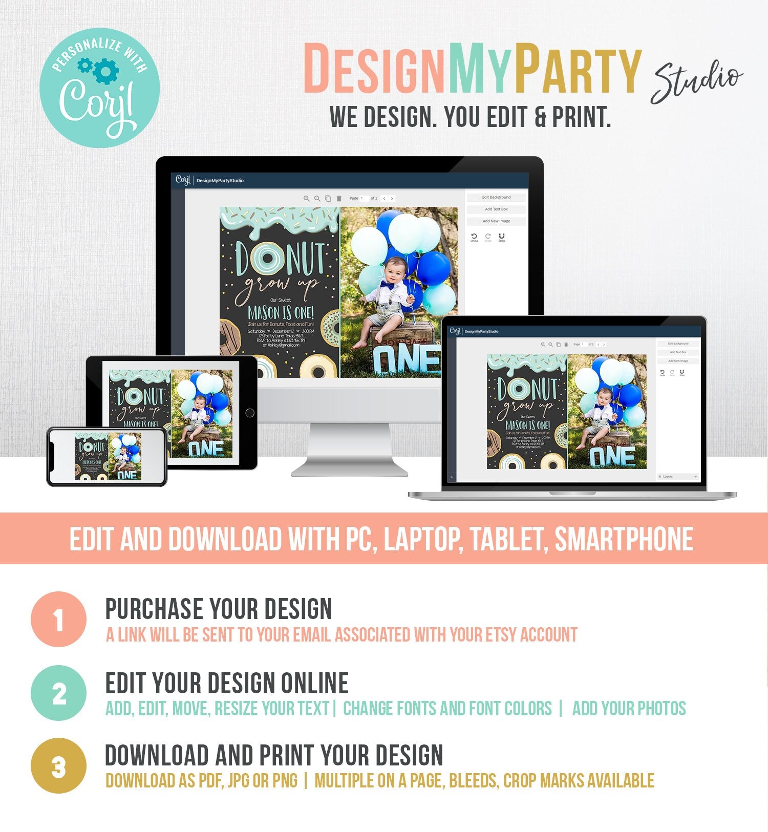 Editable Donut Grow Up Birthday Invitation First Birthday Party Blue Boy Doughnut 1st Pastel Photo Download Printable Template Corjl 0050