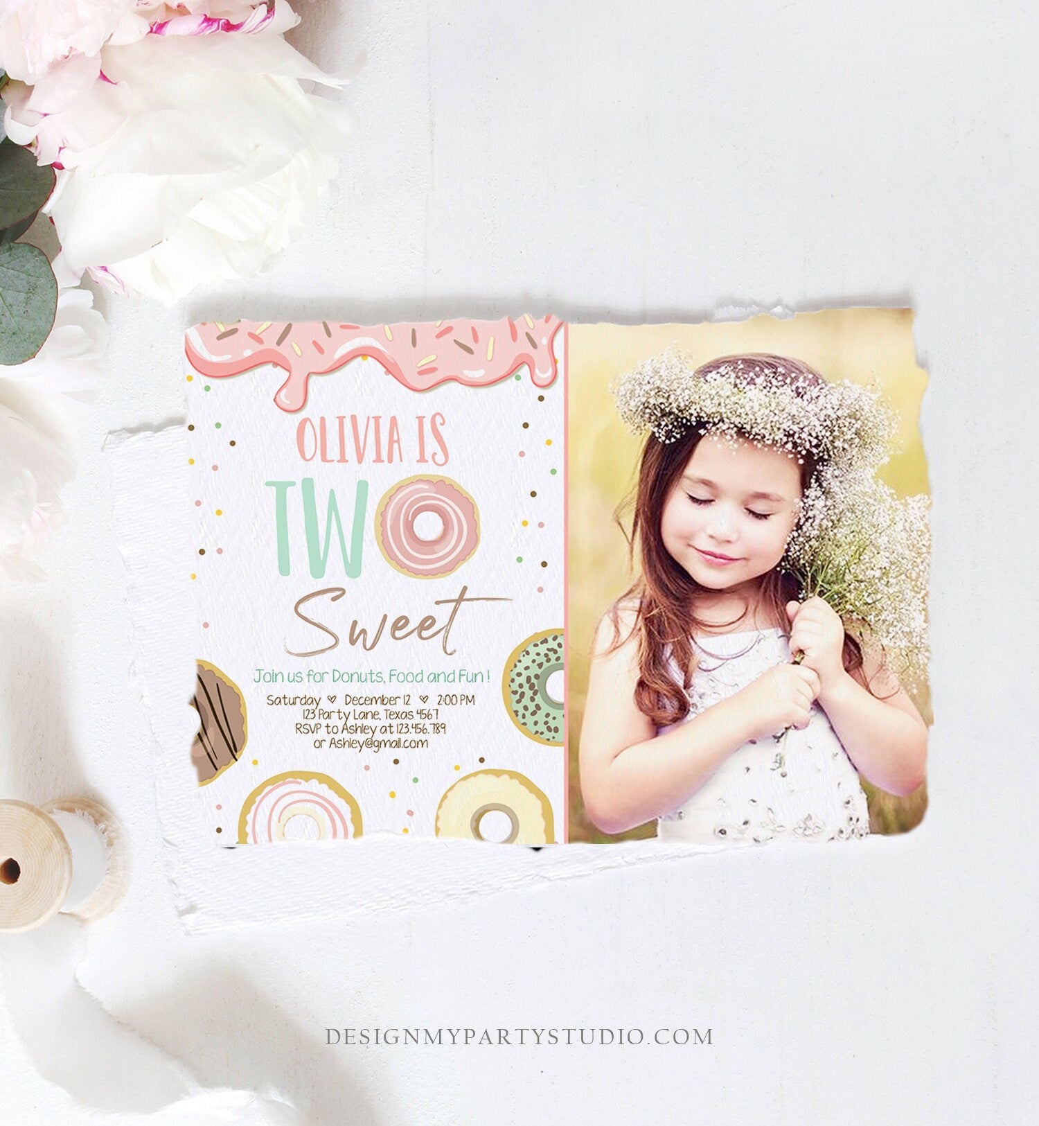 Editable Two Sweet Donut Birthday Invitation 2nd Birthday Girl Doughnut Second Birthday Photo Printable Download Template Corjl Digital 0320