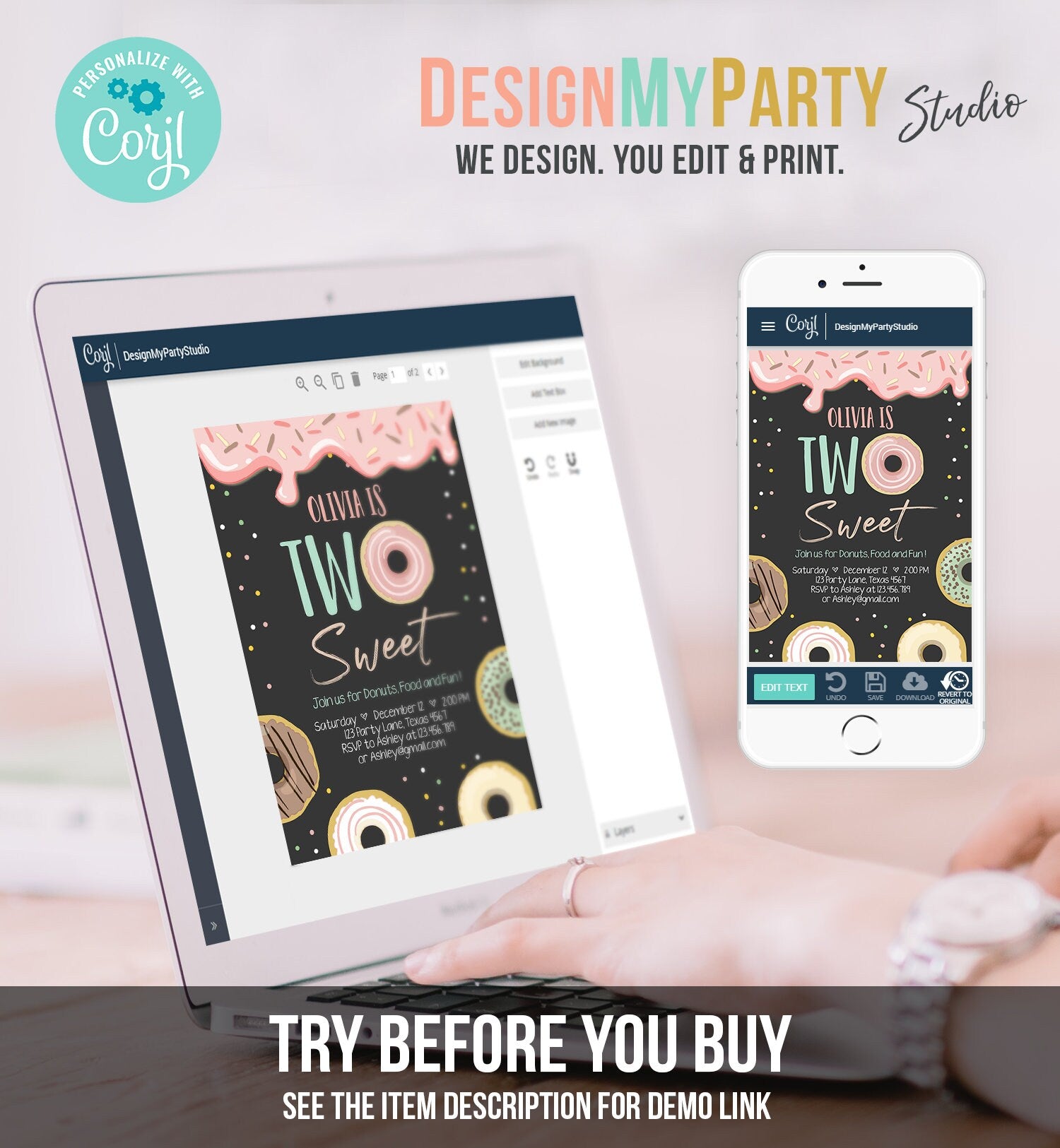 Editable Donut Two Sweet Birthday Invitation Second Birthday Party Pink Girl Doughnut 2nd Digital Download Evite Template Printable 0320