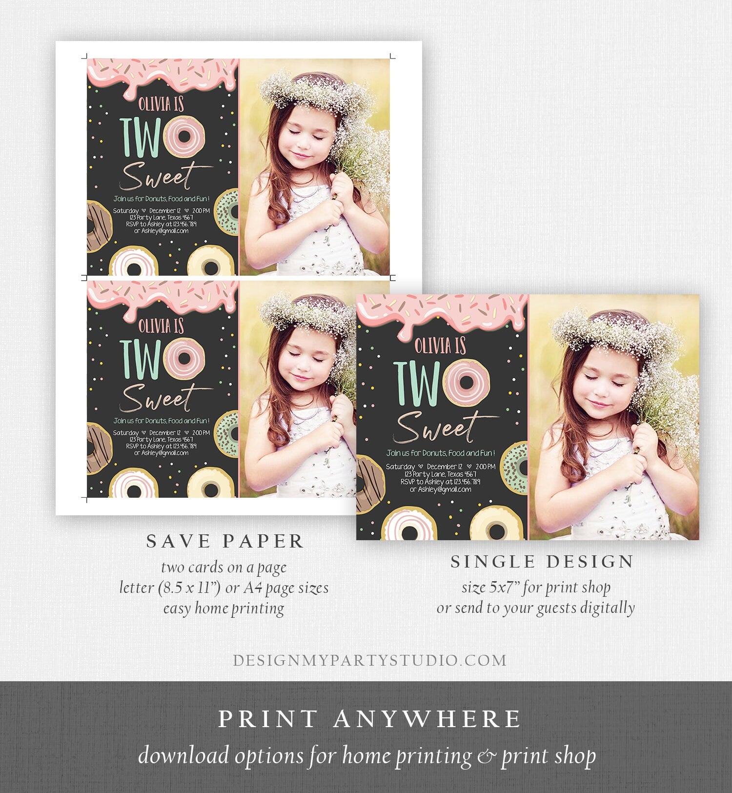 Editable Two Sweet Donut Birthday Invitation 2nd Birthday Girl Doughnut Second Birthday Photo Printable Download Template Corjl Digital 0320