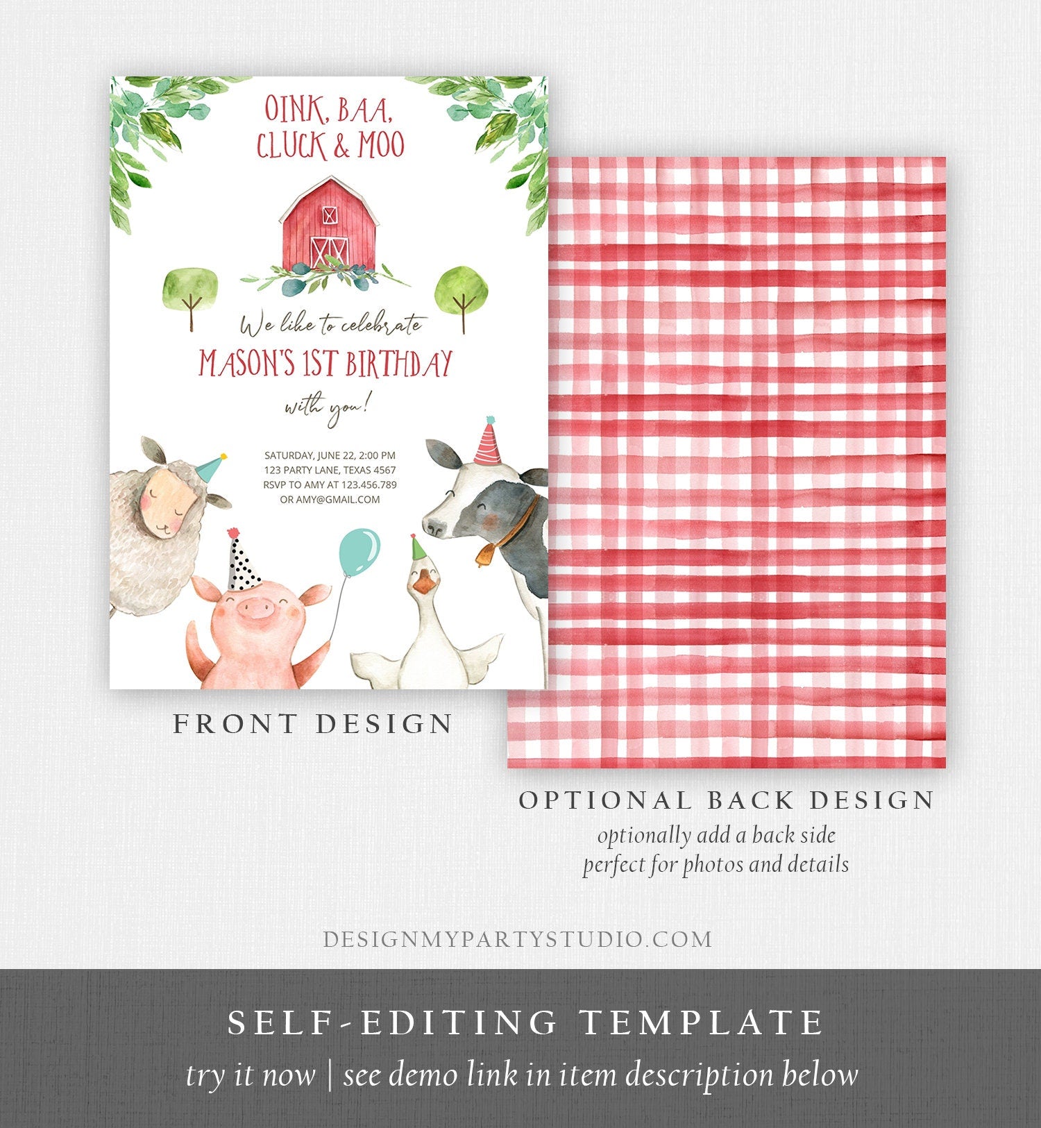 Editable Farm Animals Birthday Invitation Boy Party Animals Red Barn Barnyard Party Evite Digital Download Evite Template Printable 0155