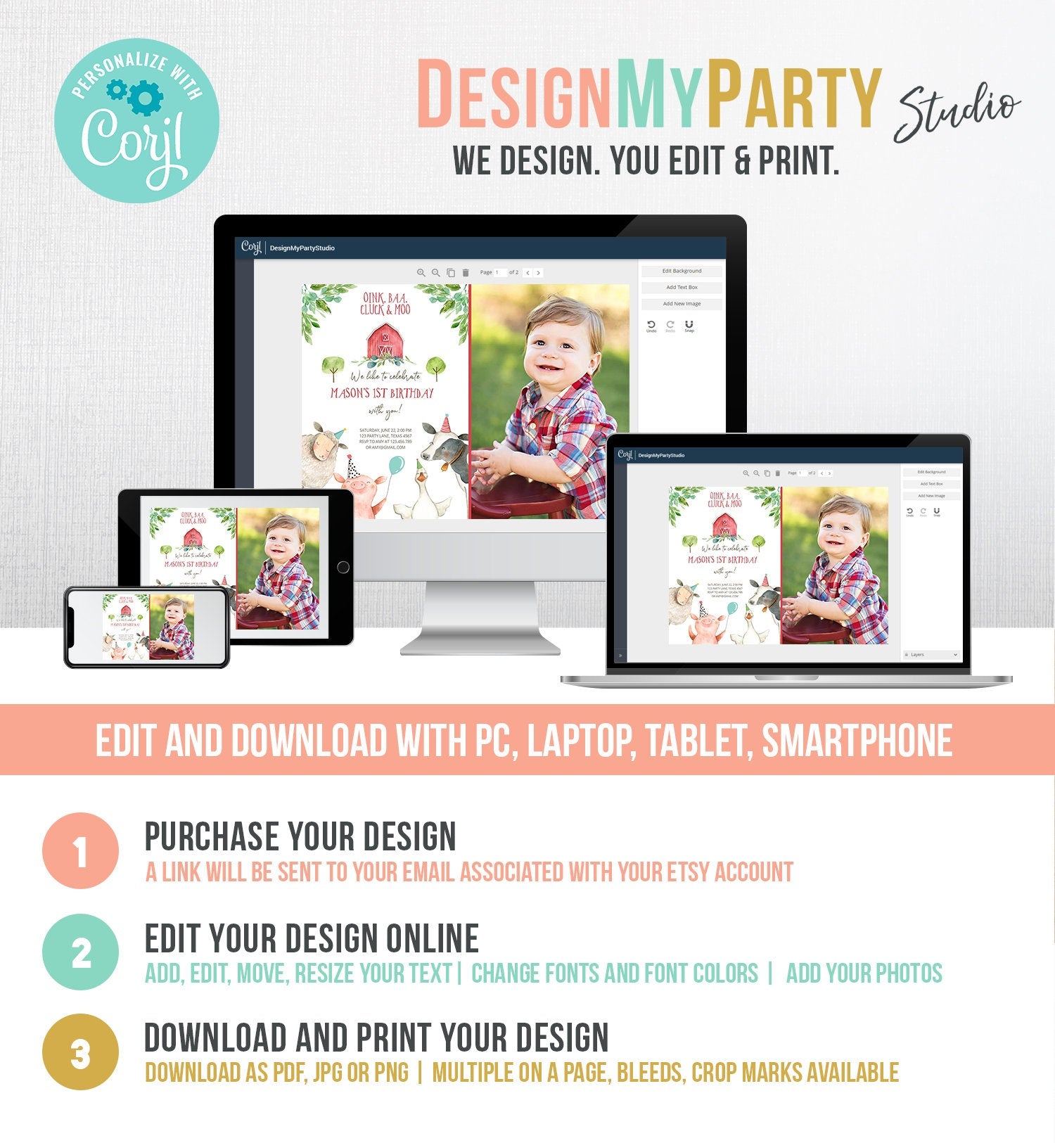 Editable Farm Birthday Invitation Boy Farm Animals Boy Barnyard Birthday Party Download Printable Invitation Template Digital Corjl 0155