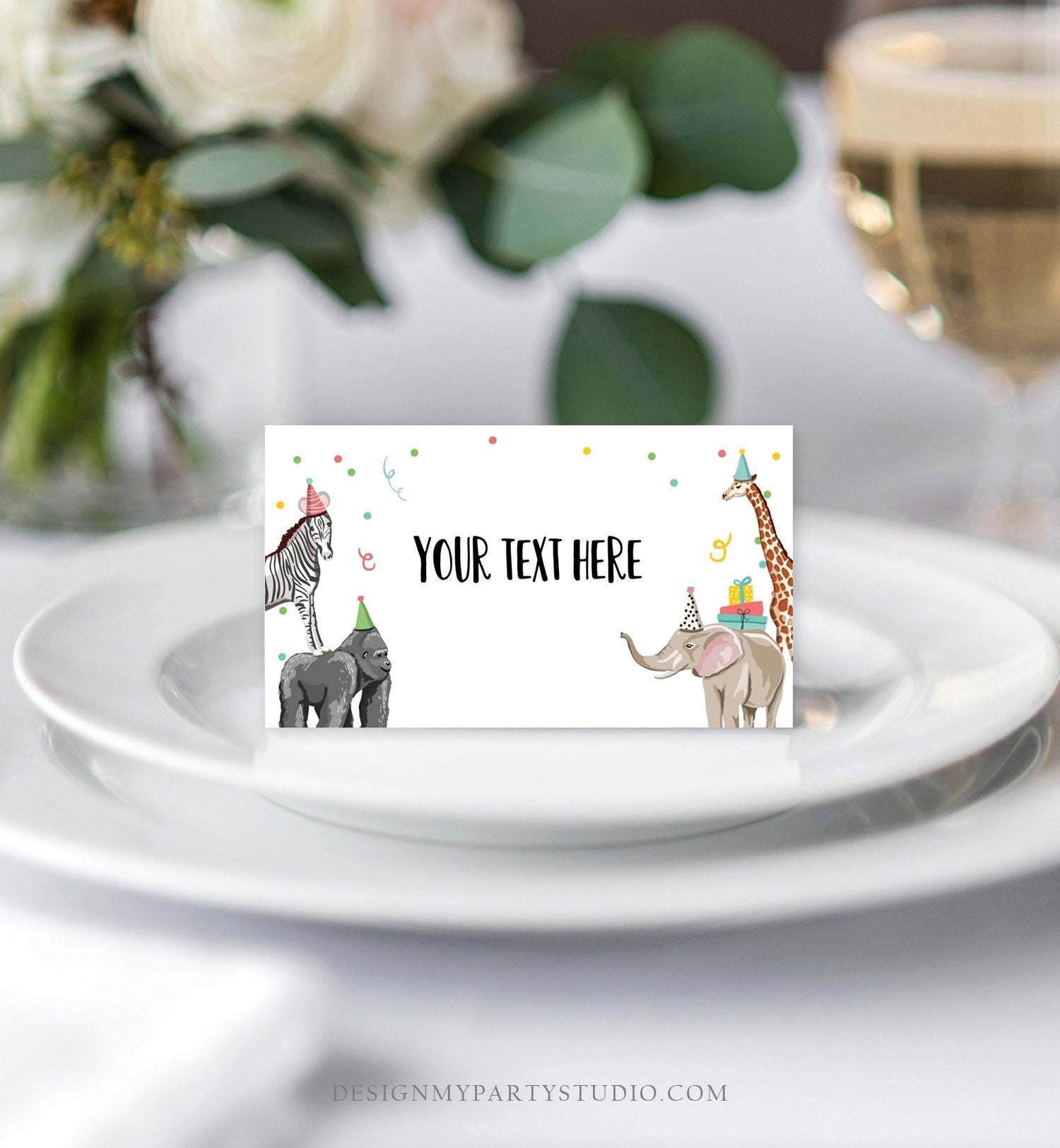 Editable Party Animals Food Label Zebra Gorilla Giraffe Elephant Birthday Place Card Tent Card Shower Neutral Printable Template 0142