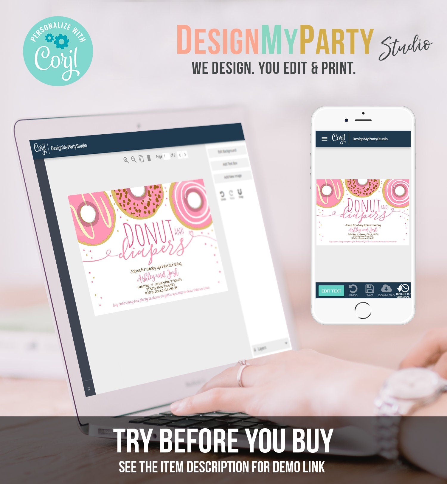 Editable Donut and Diapers Baby Shower Invitation Sprinkle Sprinkled With Love Girl Pink Pastel Digital Download Template Printable 0050