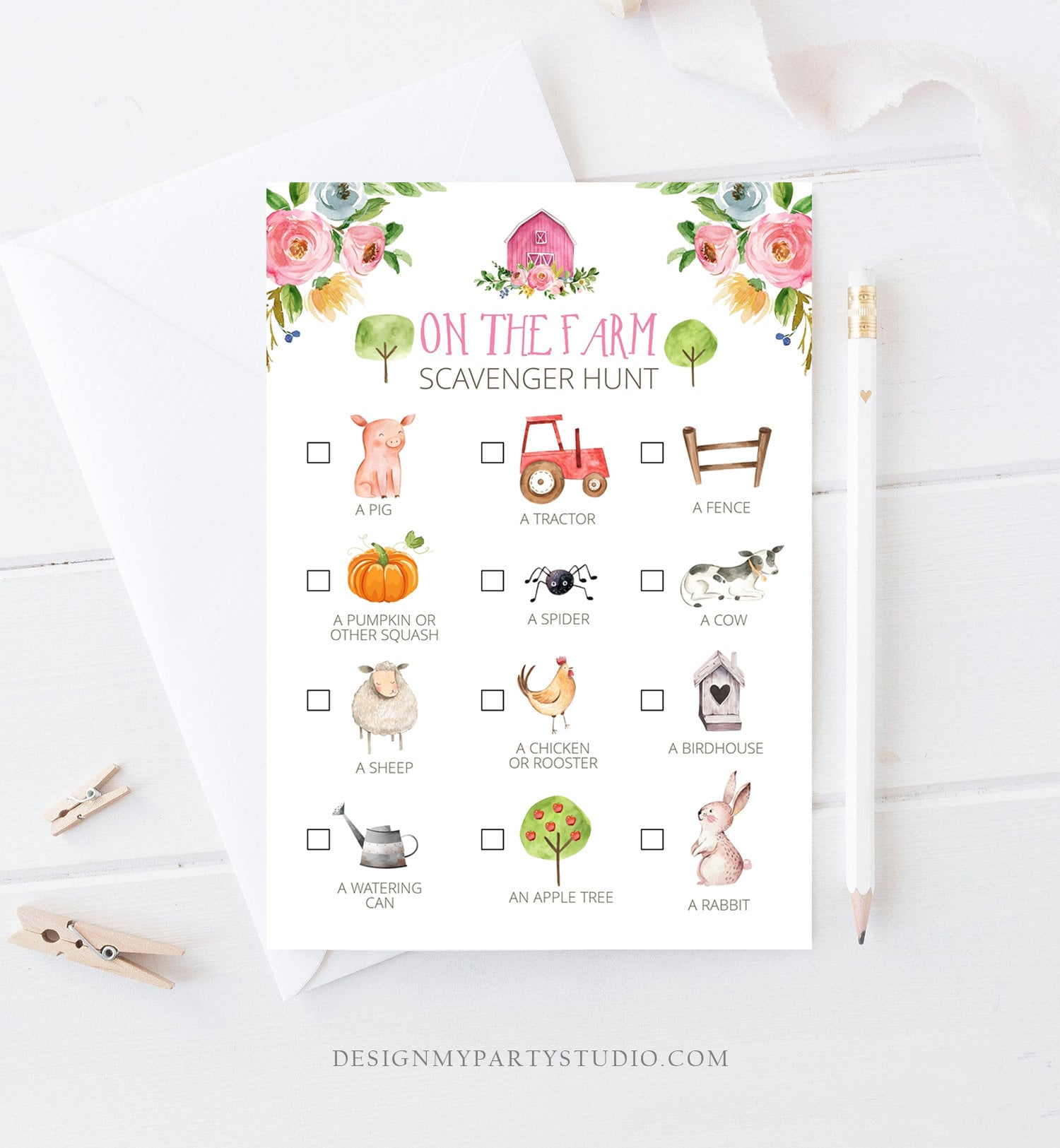 Editable Farm Scavenger Hunt Checklist Game Party Girl Pink Farm Birthday Barnyard Party Nature Download Corjl Template Printable 0155