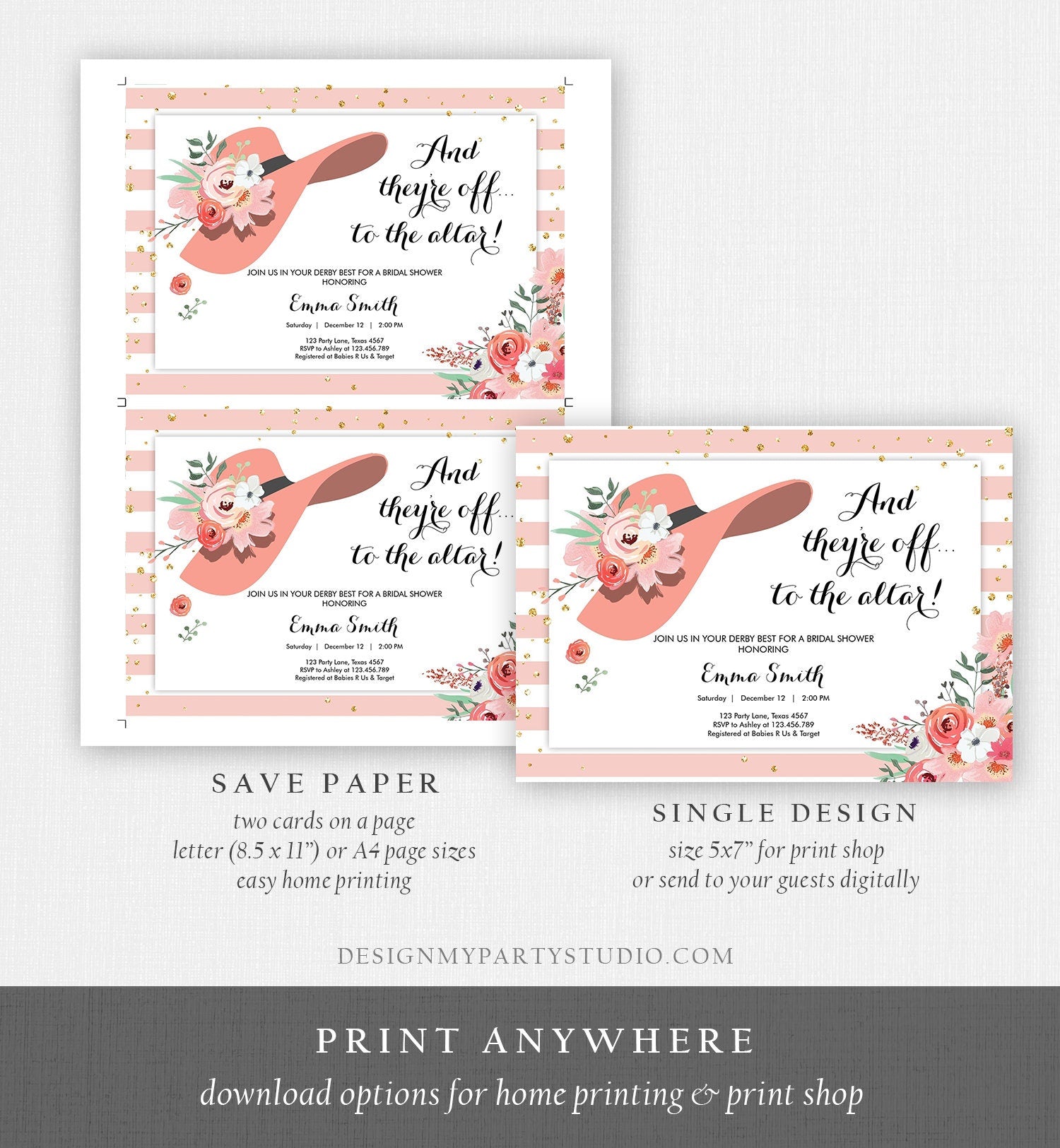 Editable Bridal Shower Invitation Derby Wear a Hat Horse races Floral Flowers Rose Gold Blush Pink Download Printable Template Corjl 0249