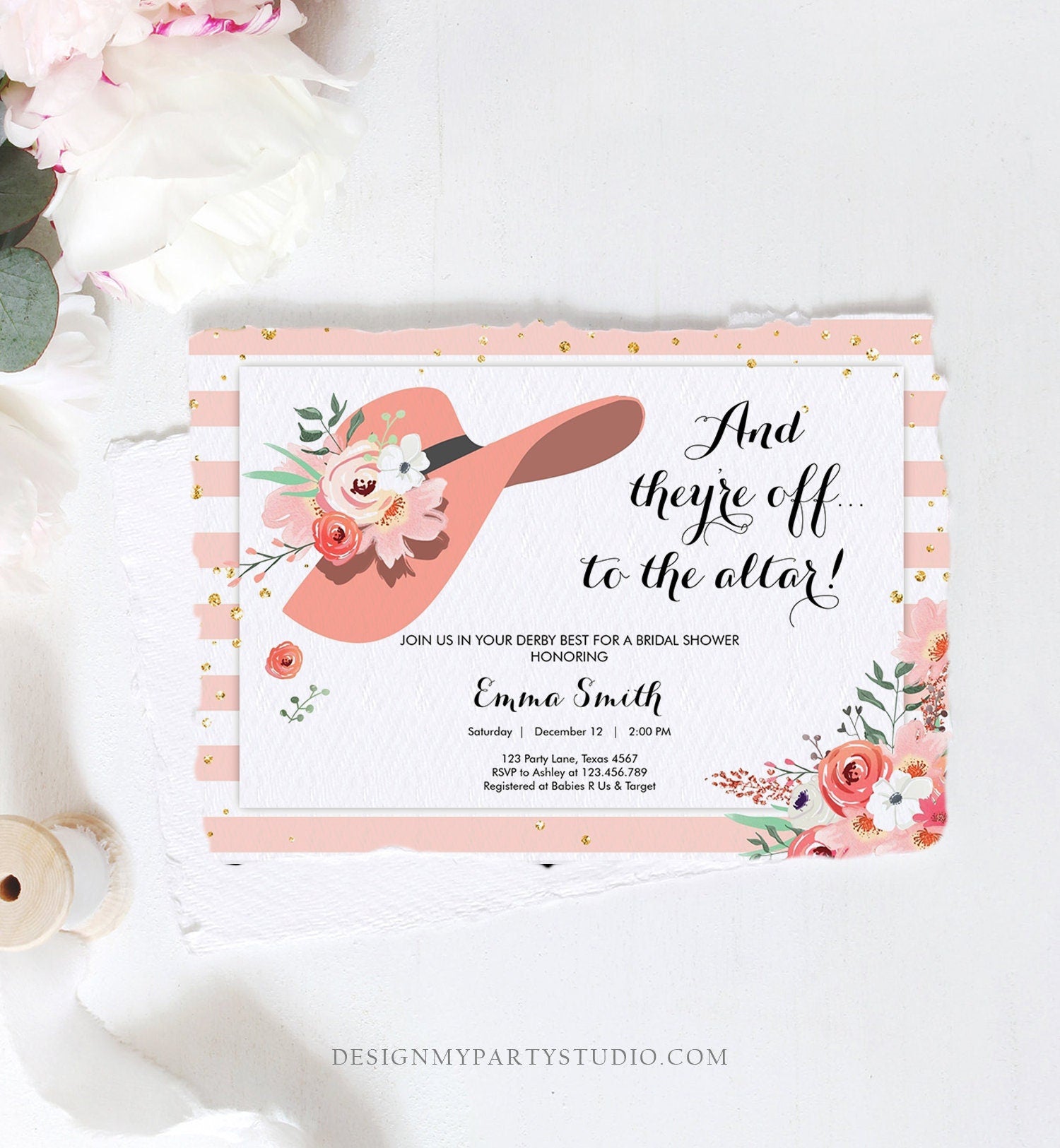 Editable Bridal Shower Invitation Derby Wear a Hat Horse races Floral Flowers Rose Gold Blush Pink Download Printable Template Corjl 0249