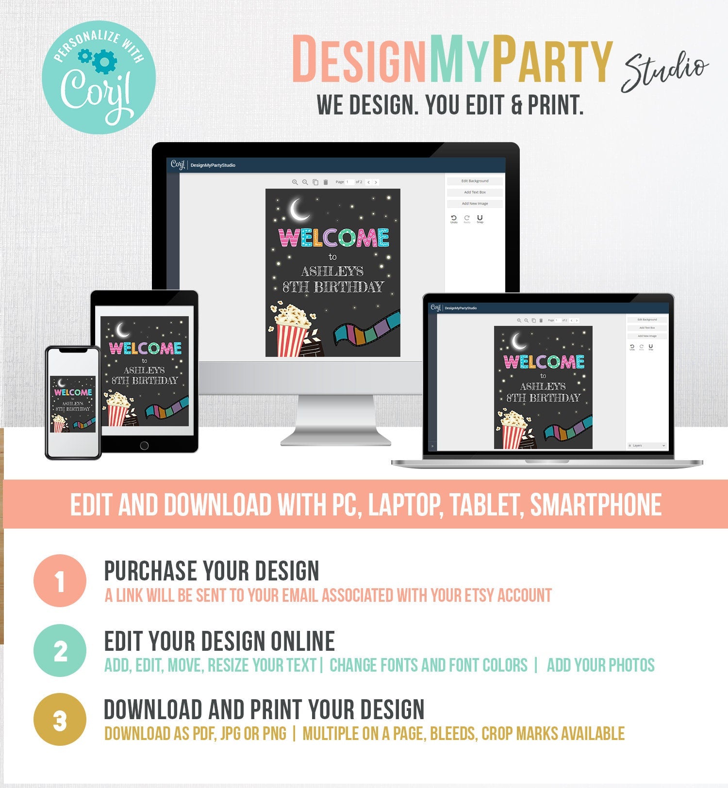 Editable Welcome Sign Movie Night Birthday Girl Movie Under The Stars Welcome Popcorn Movie Party Backyard Digital Template Printable 0042