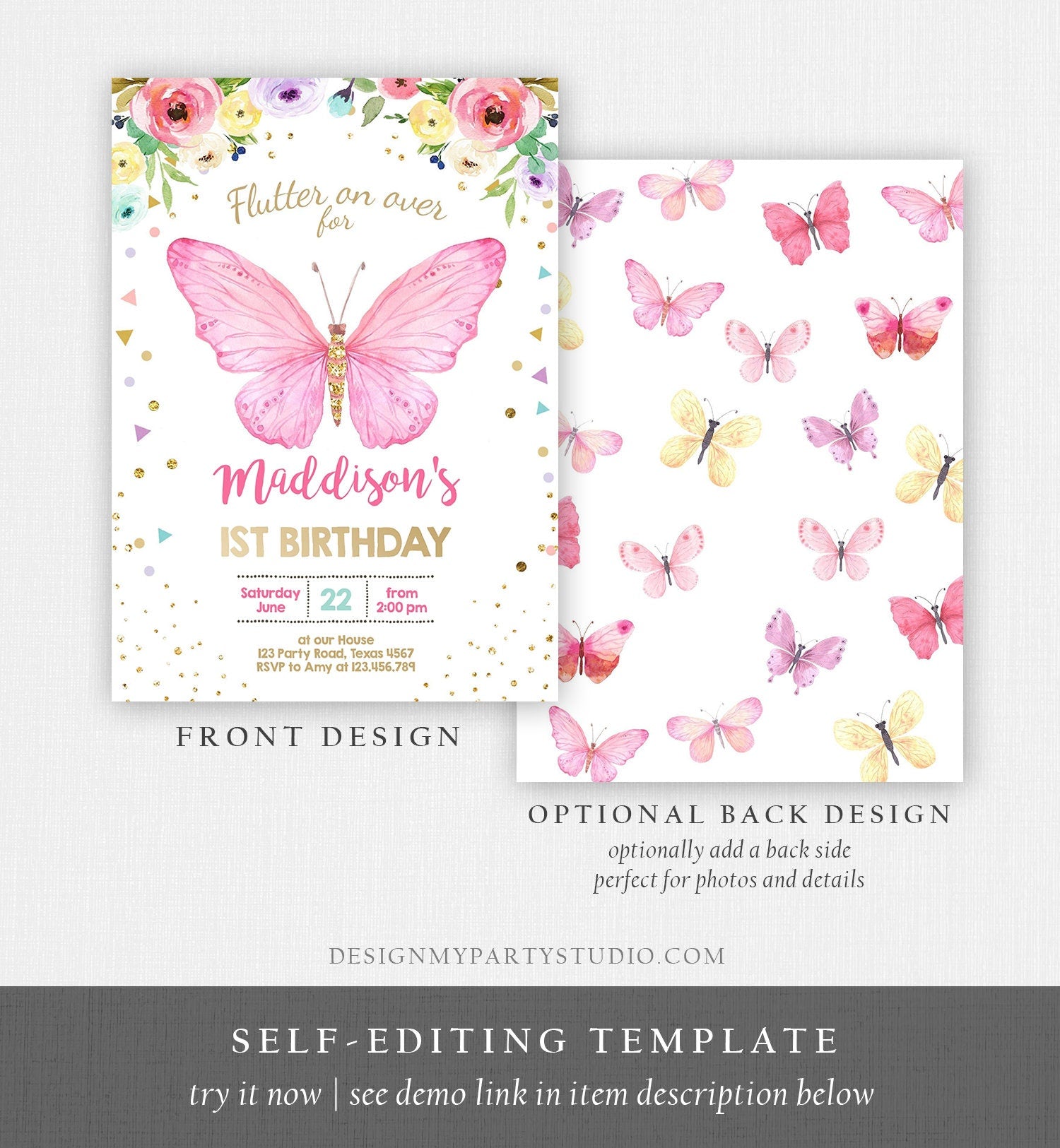 Editable Butterfly Birthday Invitation Butterfly Invitation Garden Floral Flowers Pink Gold Girl Download Printable Template Corjl 0162
