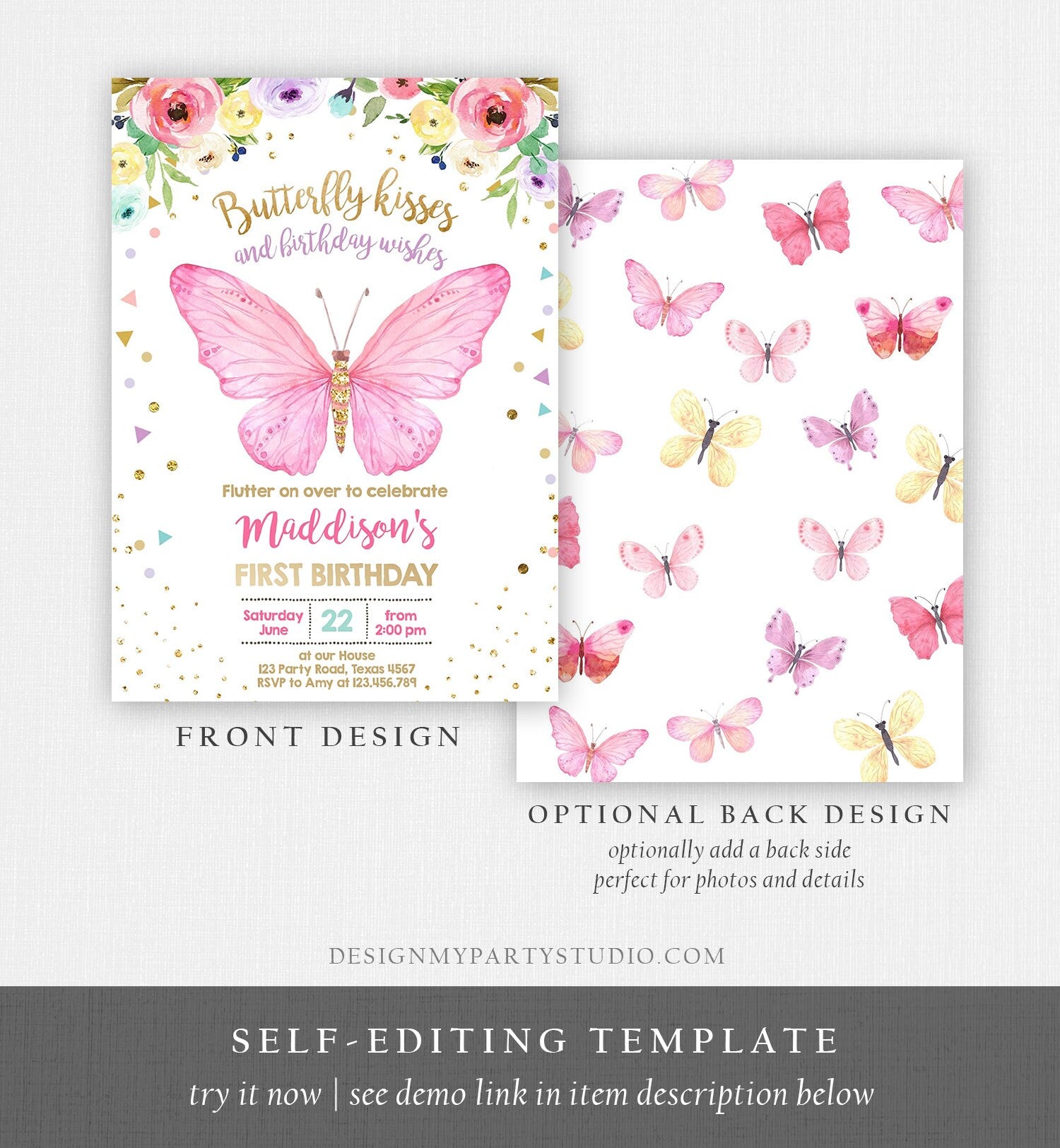 Editable Butterfly Birthday Invitation Butterfly Invitation Garden Floral Flowers Pink Gold Girl Digital Download Template Printable 0162