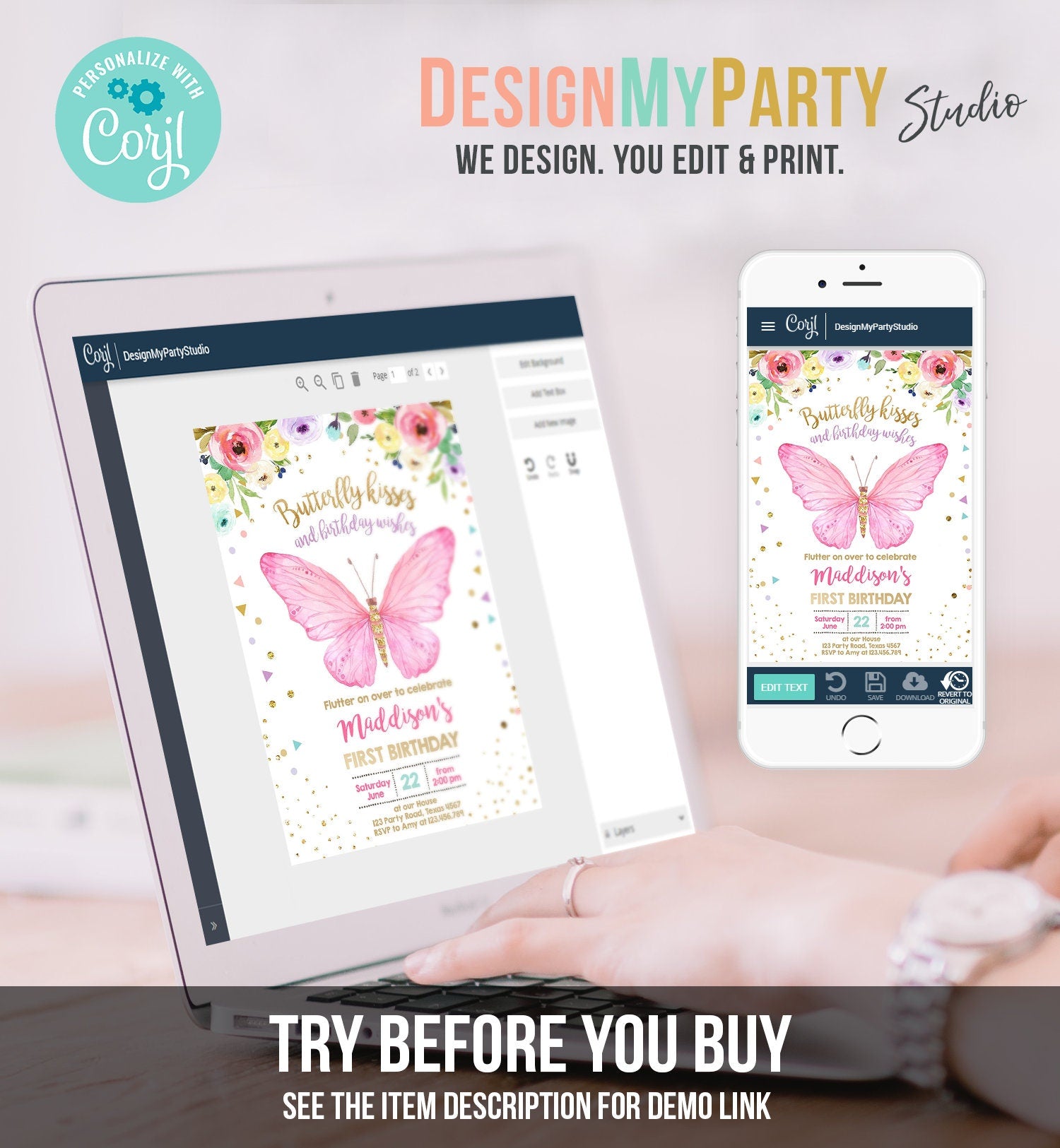 Editable Butterfly Birthday Invitation Butterfly Invitation Garden Floral Flowers Pink Gold Girl Digital Download Template Printable 0162