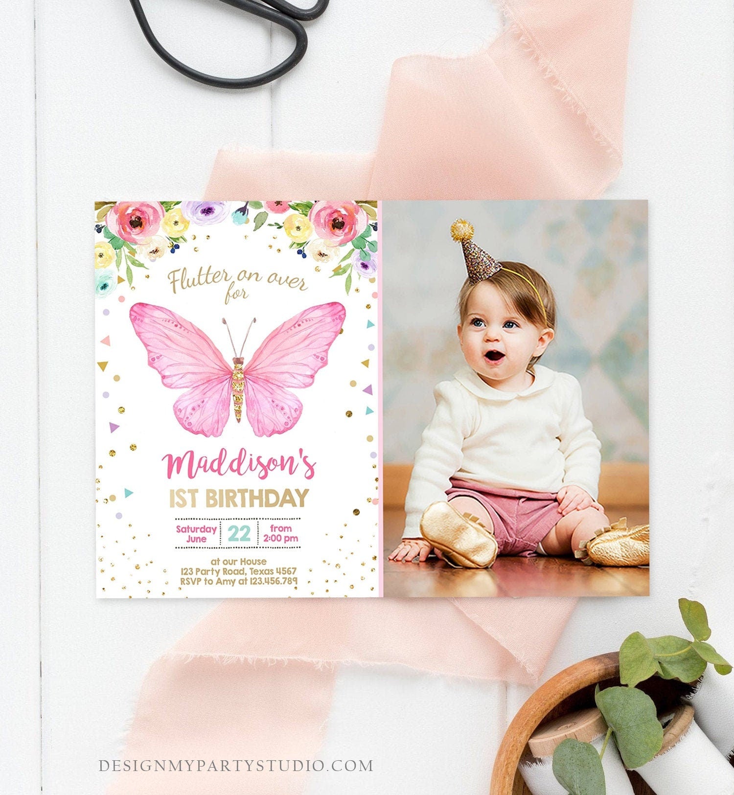 Editable Butterfly Birthday Invitation Butterfly Invitation Garden Floral Flowers Pink Gold Girl Download Printable Template Evite 0162