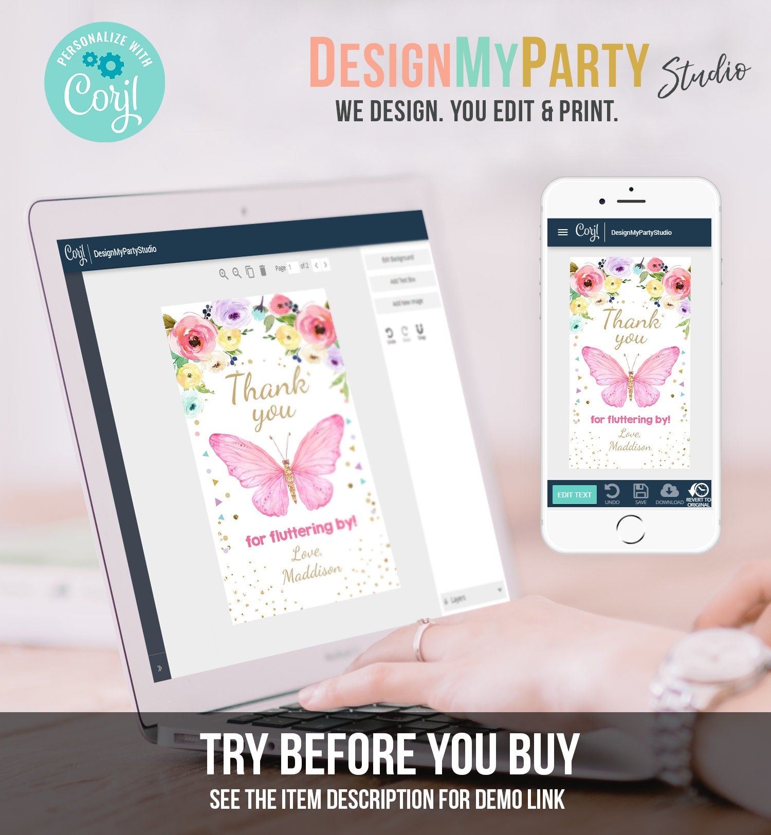 Editable Butterfly Favor Tags Butterfly Birthday Thank you tags Garden Shower Pink Gold Girl Fluttering By Digital Template Printable 0162