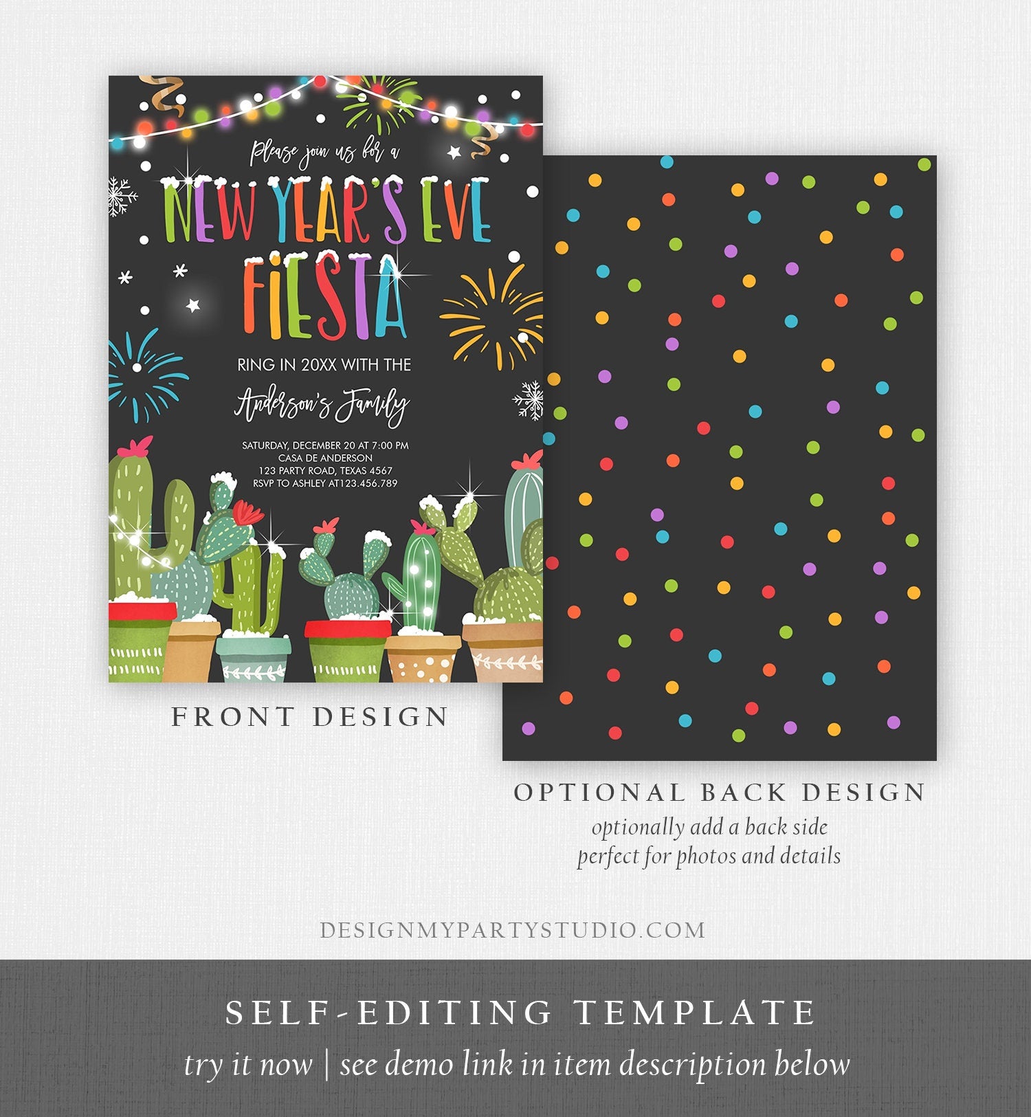 Editable New Years Eve Fiesta Invitation Cactus Mexican New Years Eve Invite Holiday Party New Year's Digital Evite Template Printable 0273
