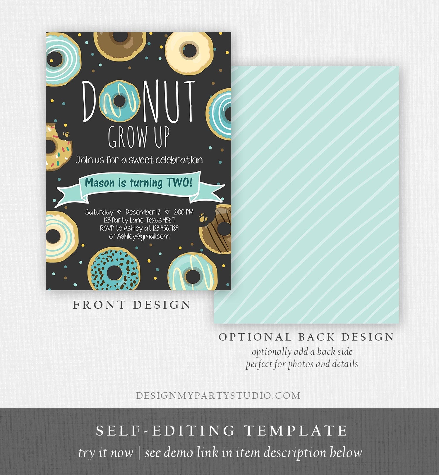 Editable Donut Grow Up Birthday Invitation First Birthday Party Blue Boy Doughnut 1st Pastel Chalk Download Printable Template Evite 0050