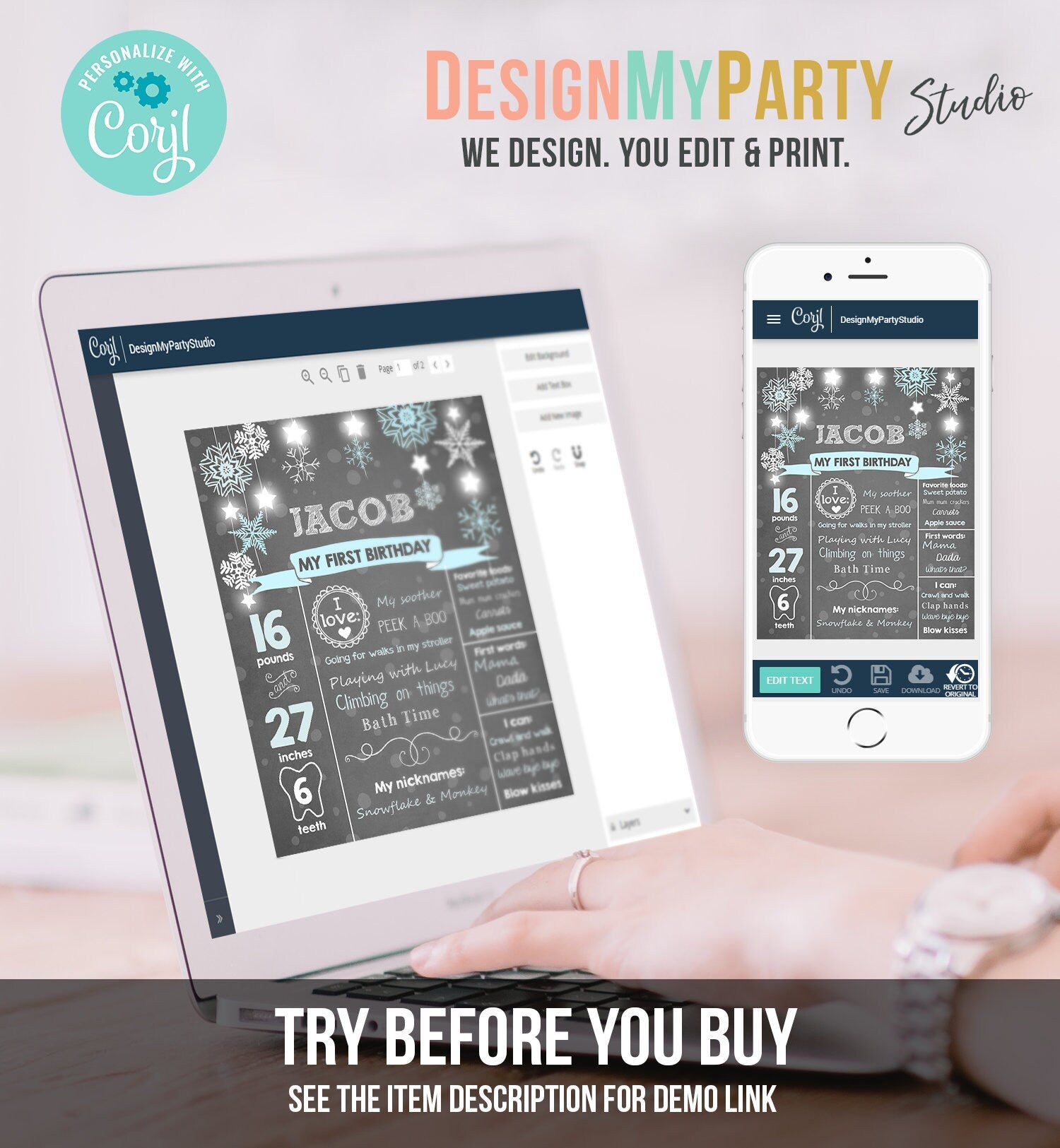 Editable Winter Onederland Birthday Milestones Sign First Birthday 1st Snowflakes Boy Blue Teal Cold Outside Digital Template Printable 0057