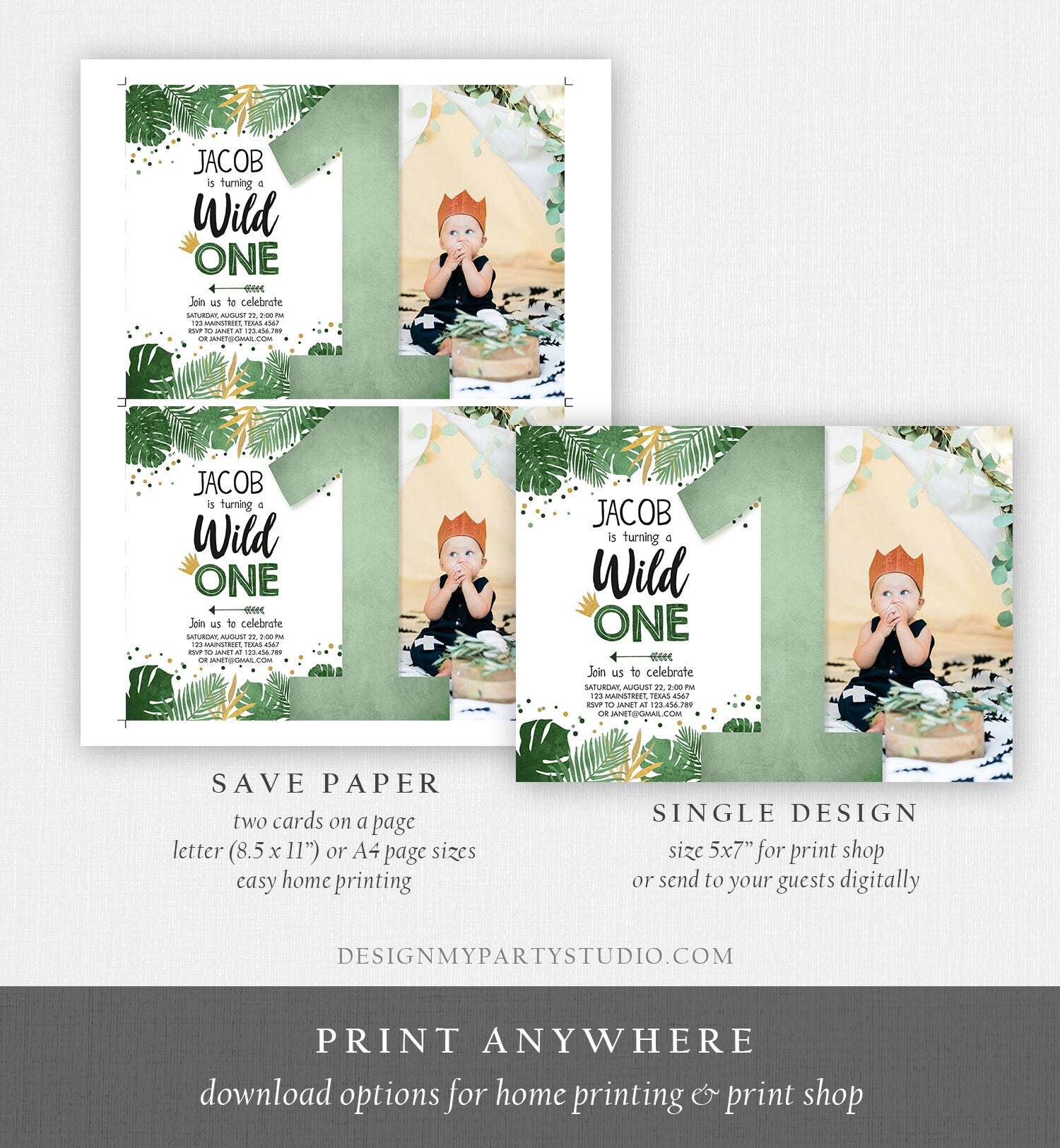 Editable Wild One First Birthday Invitation Jungle Safari Tropical Leaves 1st Birthday Confetti Boy Gold Green Template Printable 0332