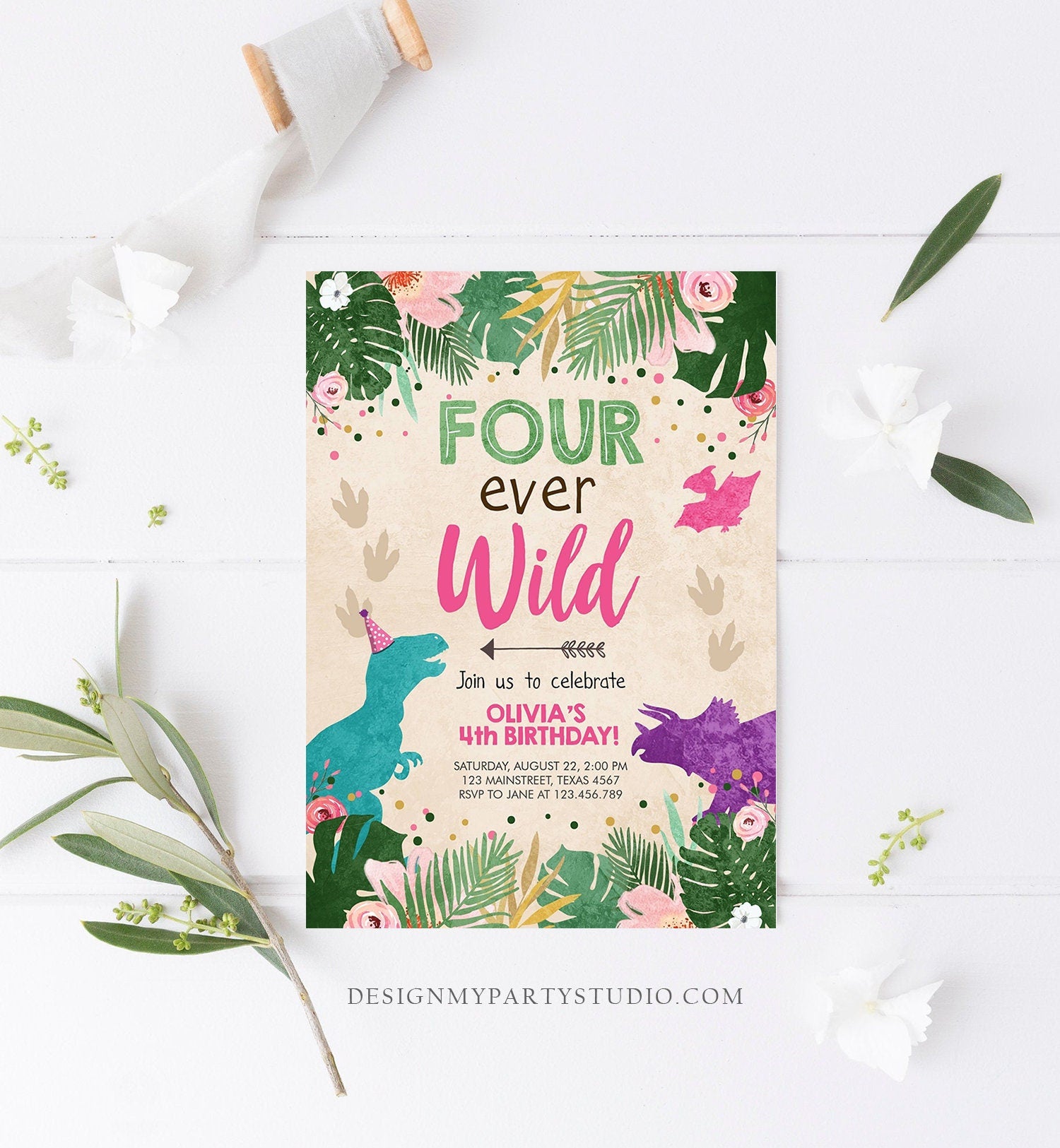 Editable Four Ever Wild Birthday Invitation Dinosaur Dino Party Girl 4th Fourth Birthday Pink Fourever Digital Template Printable 0388