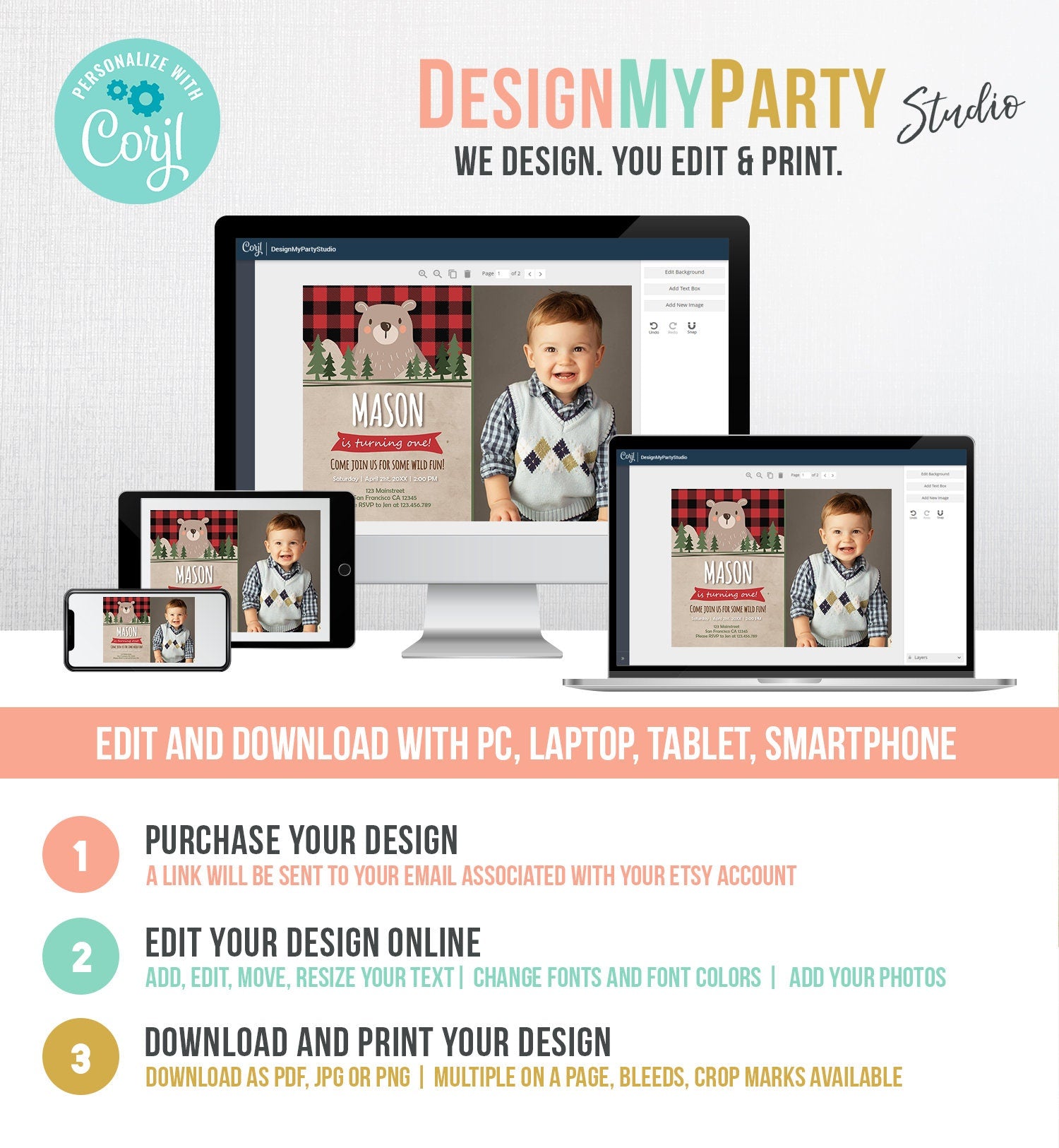 Editable Lumberjack Birthday Invitation Rustic Woodland Bear First Birthday 1st Man Cub Buffalo Plaid Forest Printable Corjl Template 0026