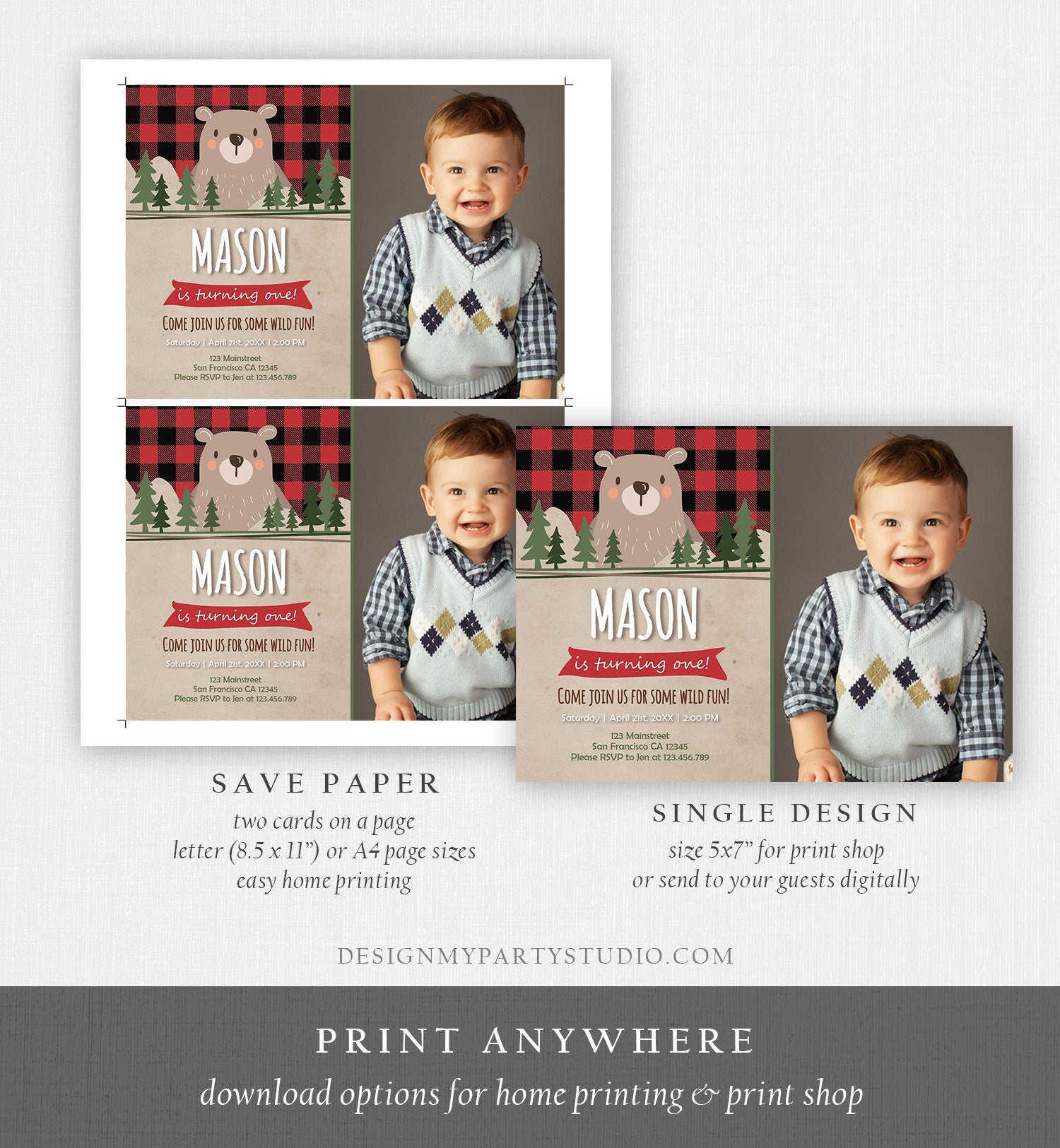 Editable Lumberjack Birthday Invitation Rustic Woodland Bear First Birthday 1st Man Cub Buffalo Plaid Forest Printable Corjl Template 0026
