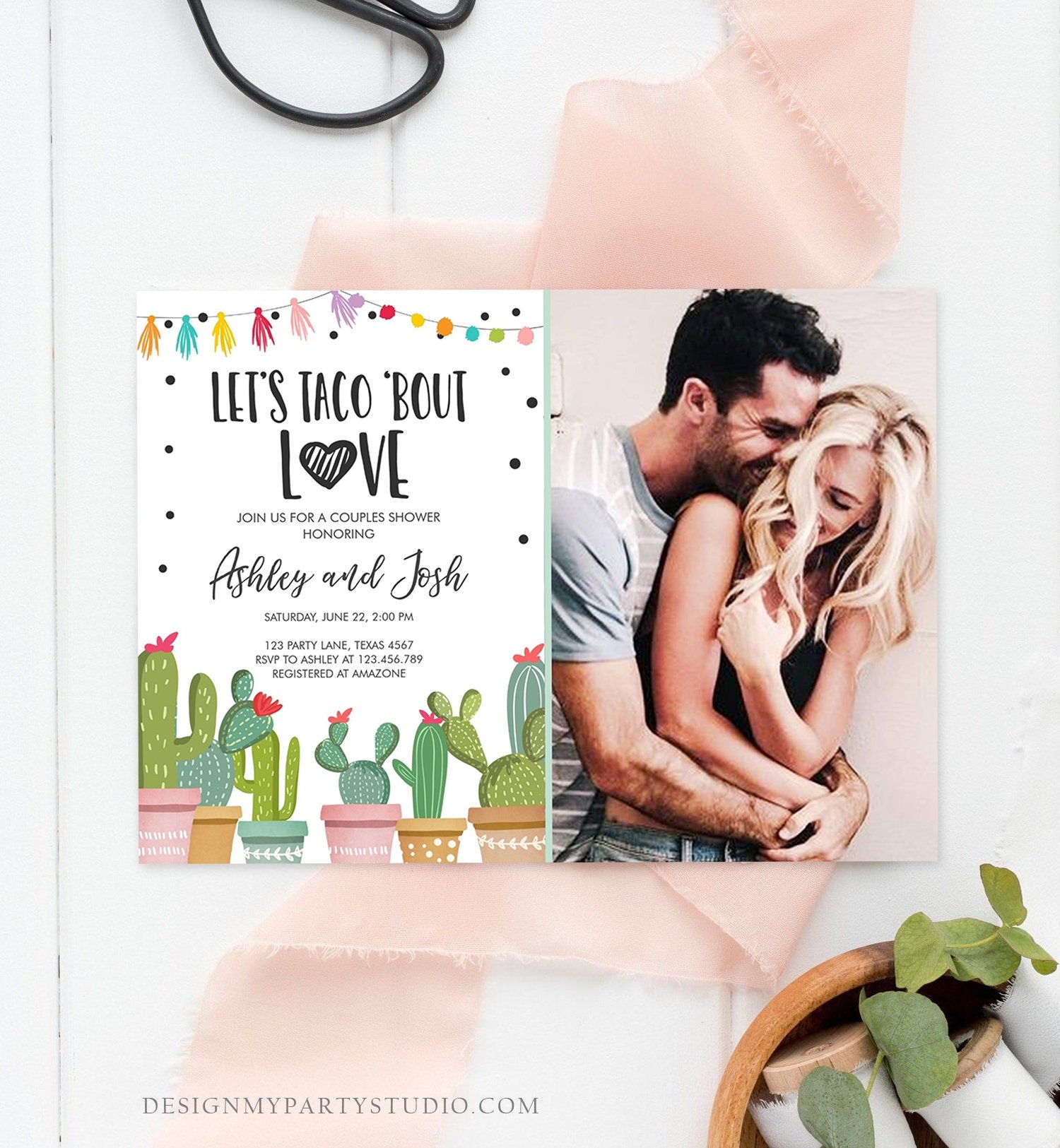 Editable Taco Bout Love Couples Shower Invitation Fiesta Cactus Succulent Mexican Green Pink Digital Download Corjl Template Printable 0254