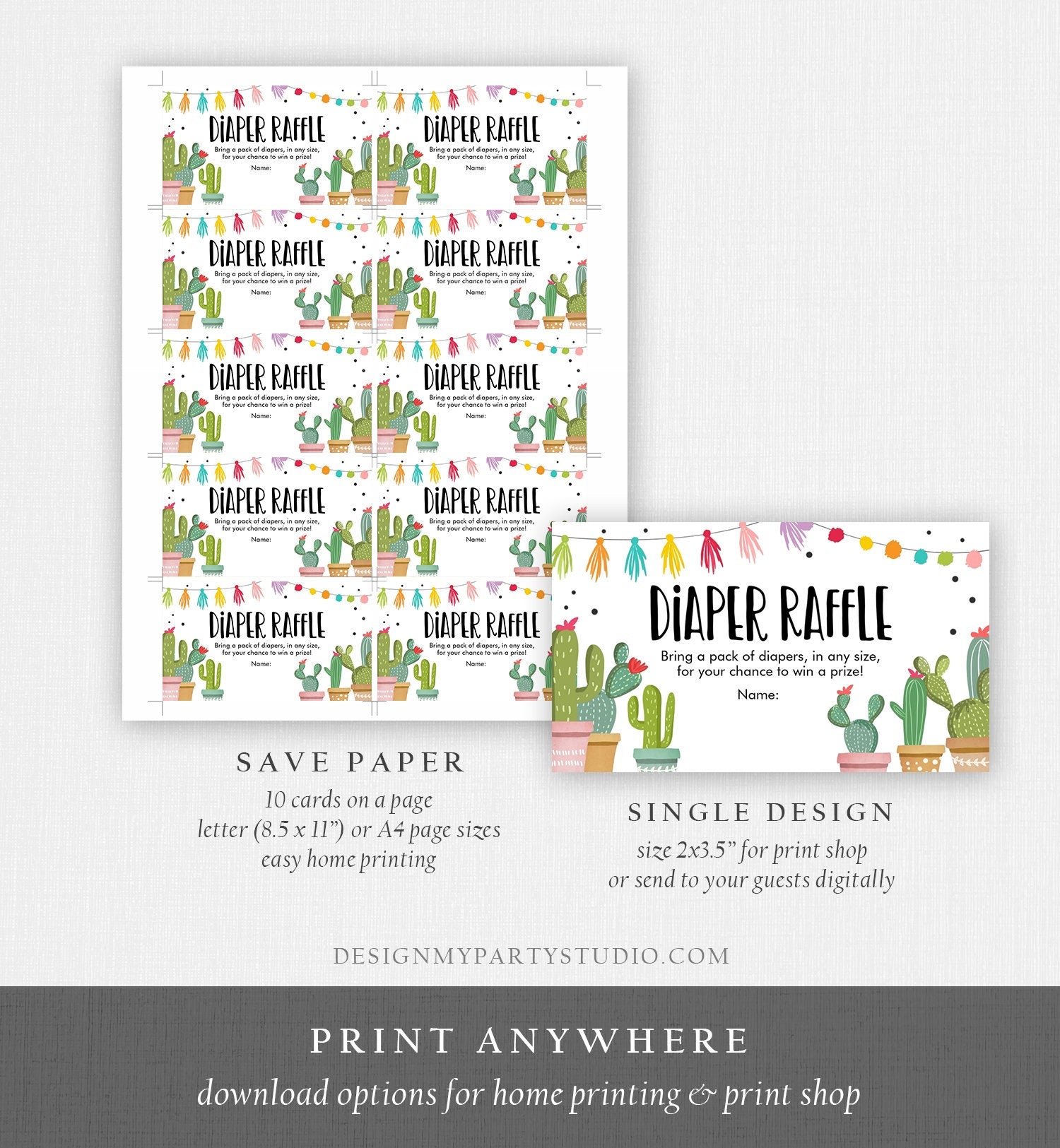 Editable Cactus Diaper Raffle Ticket Cactus Fiesta Baby Shower Game Insert Succulent Couples Shower Digital Download Template Printable 0254