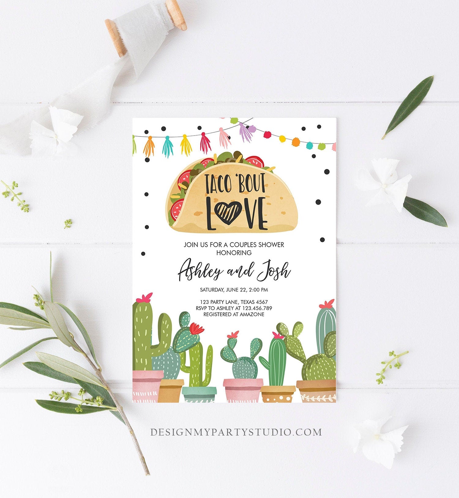 Editable Taco Bout Love Fiesta Couples Shower Invitation Cactus Succulent Green Pink Bridal Shower Download Evite Template Printable 0254