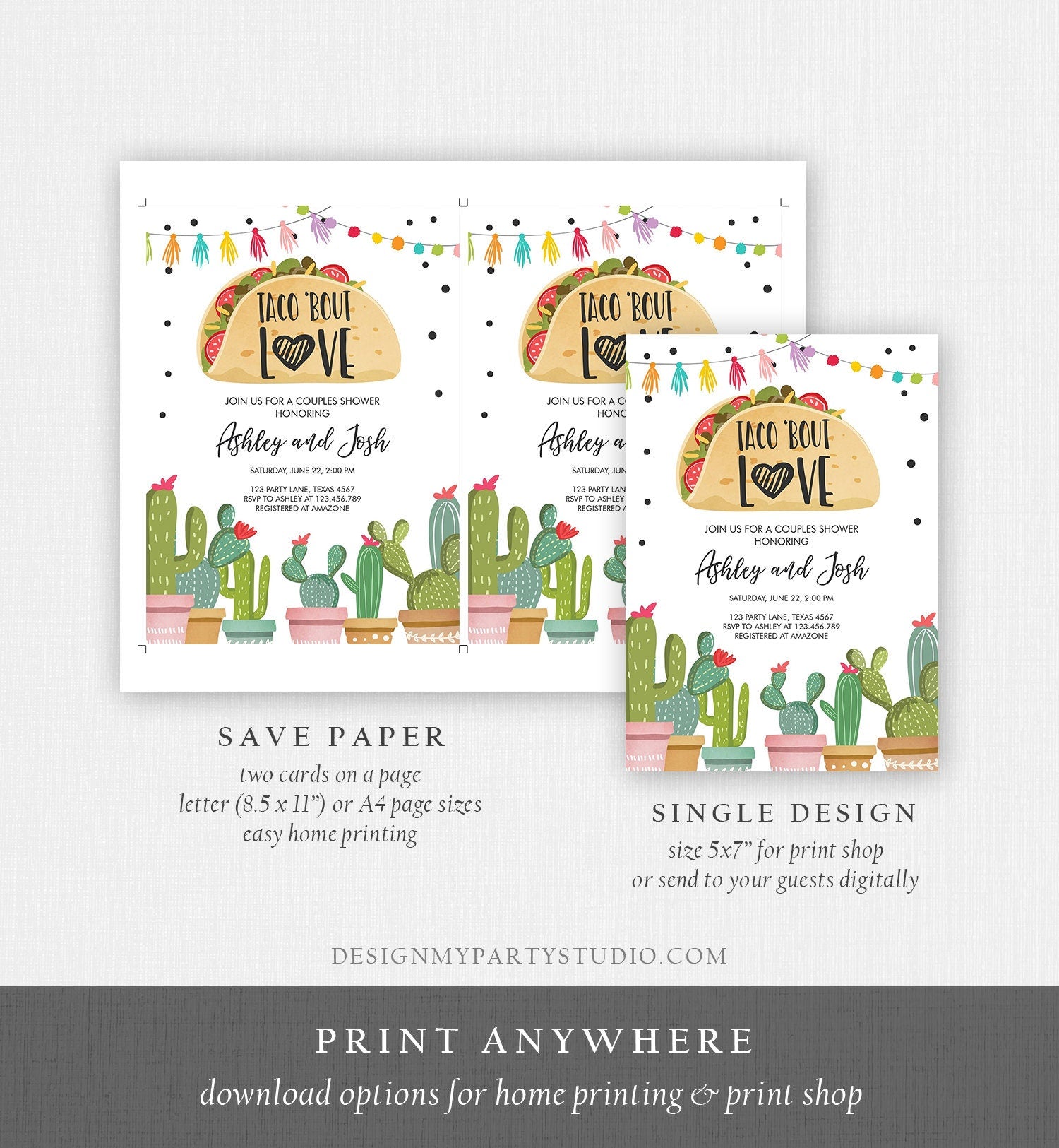 Editable Taco Bout Love Fiesta Couples Shower Invitation Cactus Succulent Green Pink Bridal Shower Download Evite Template Printable 0254
