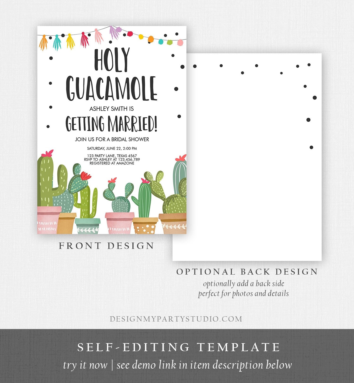 Editable Holy Guacamole Bridal Shower Invitation Fiesta Couples Shower Cactus Succulent Mexican Download Corjl Template Printable 0254