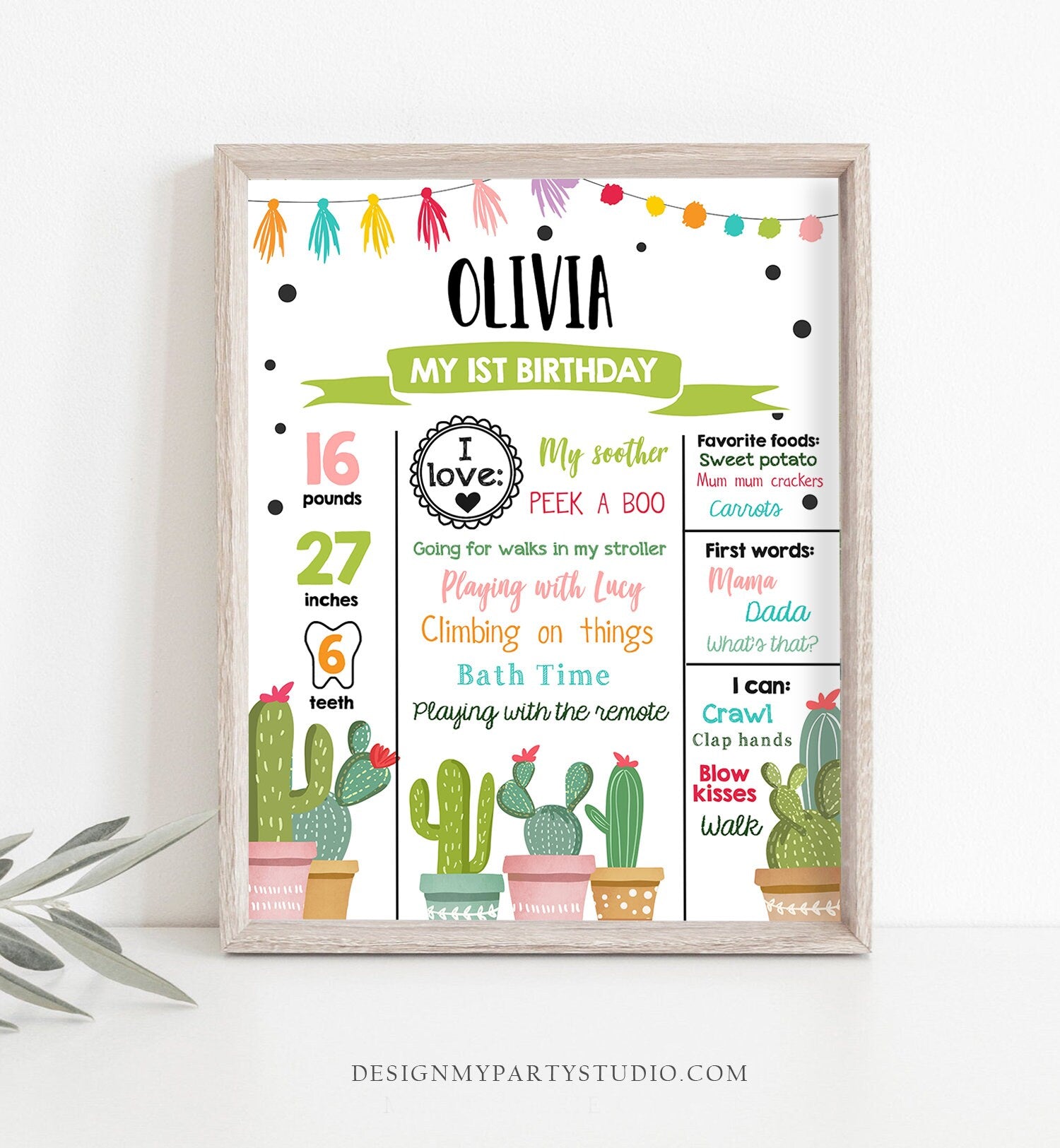 Editable Cactus Fiesta Birthday Milestones Sign First Birthday Poster Girl Pink 1st First Mexican Digital Download Template Printable 0254