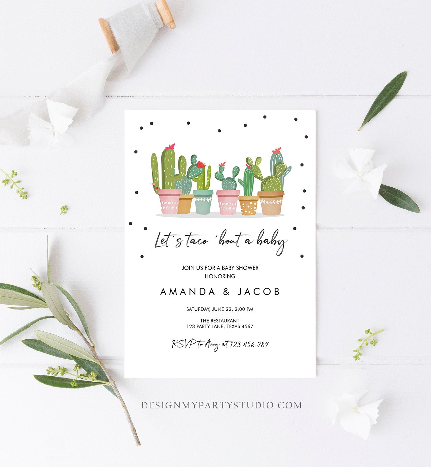 Editable Taco Bout a Baby Shower Invitation Cactus Mexican Fiesta Baby Shower Couples Shower Pregnancy Corjl Template Printable 0254