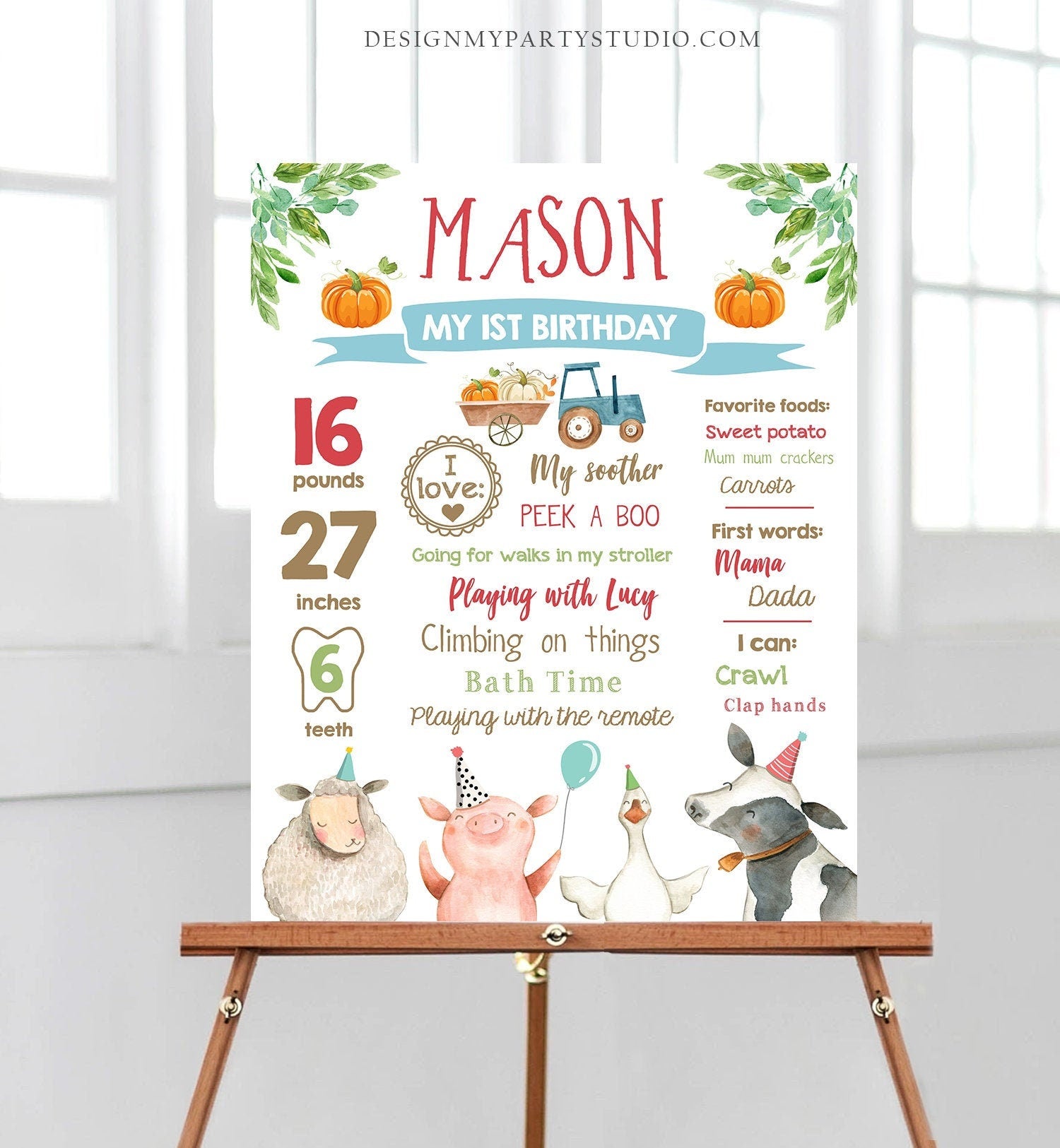 Editable Pumpkin Farm Animals Birthday Milestones Sign Boy Blue Red Fall Farm Birthday Barnyard Bash Autumn Download Template Printable 0155