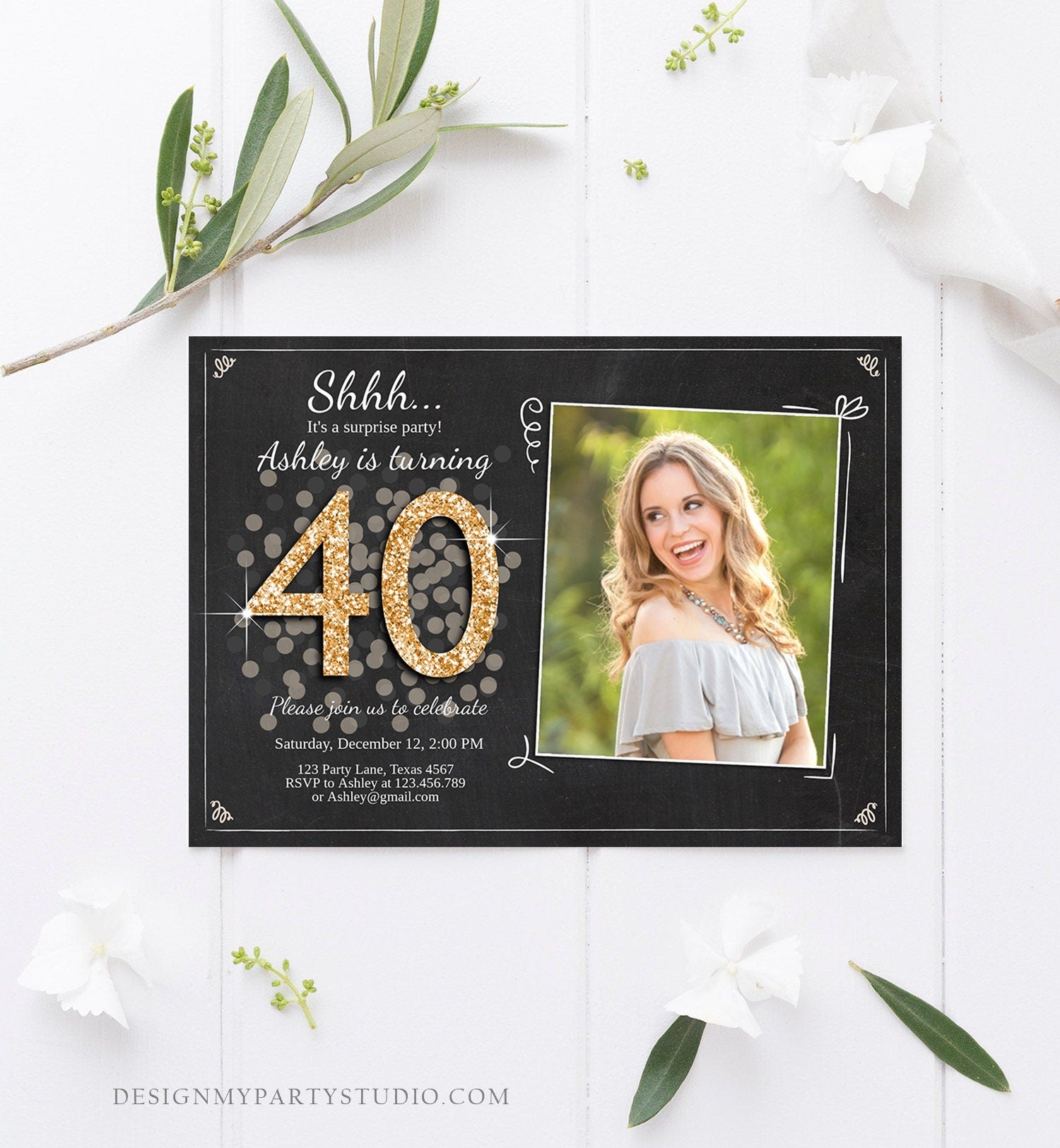 Editable ANY AGE Surprise Birthday Invitation Adult 40th Party Rustic Chalk Black Gold Glitter Photo Download Printable Corjl Template 0103