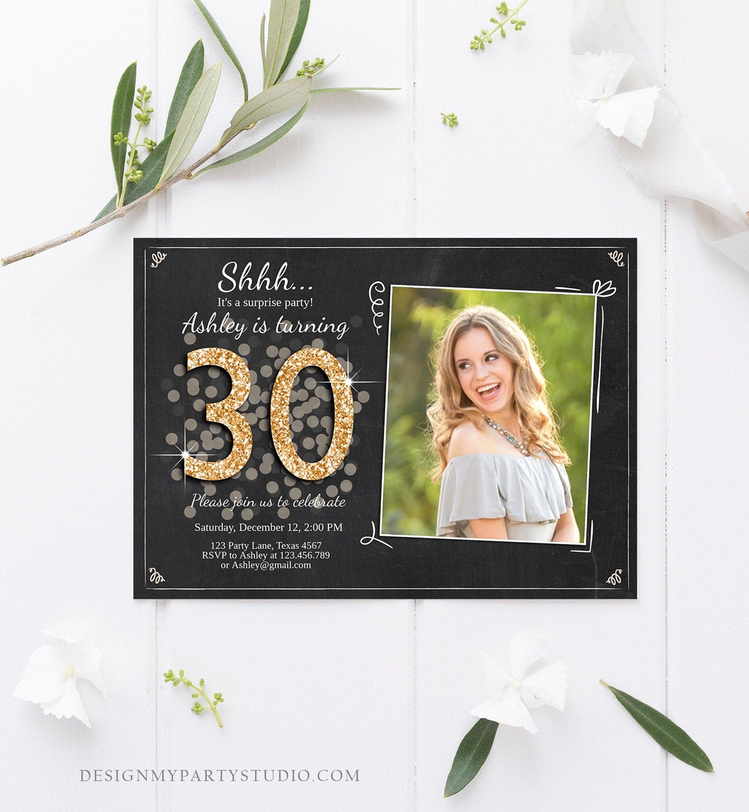 Editable ANY AGE Surprise Birthday Invitation Adult 30th Party Rustic Chalk Black Gold Glitter Photo Download Printable Corjl Template 0103