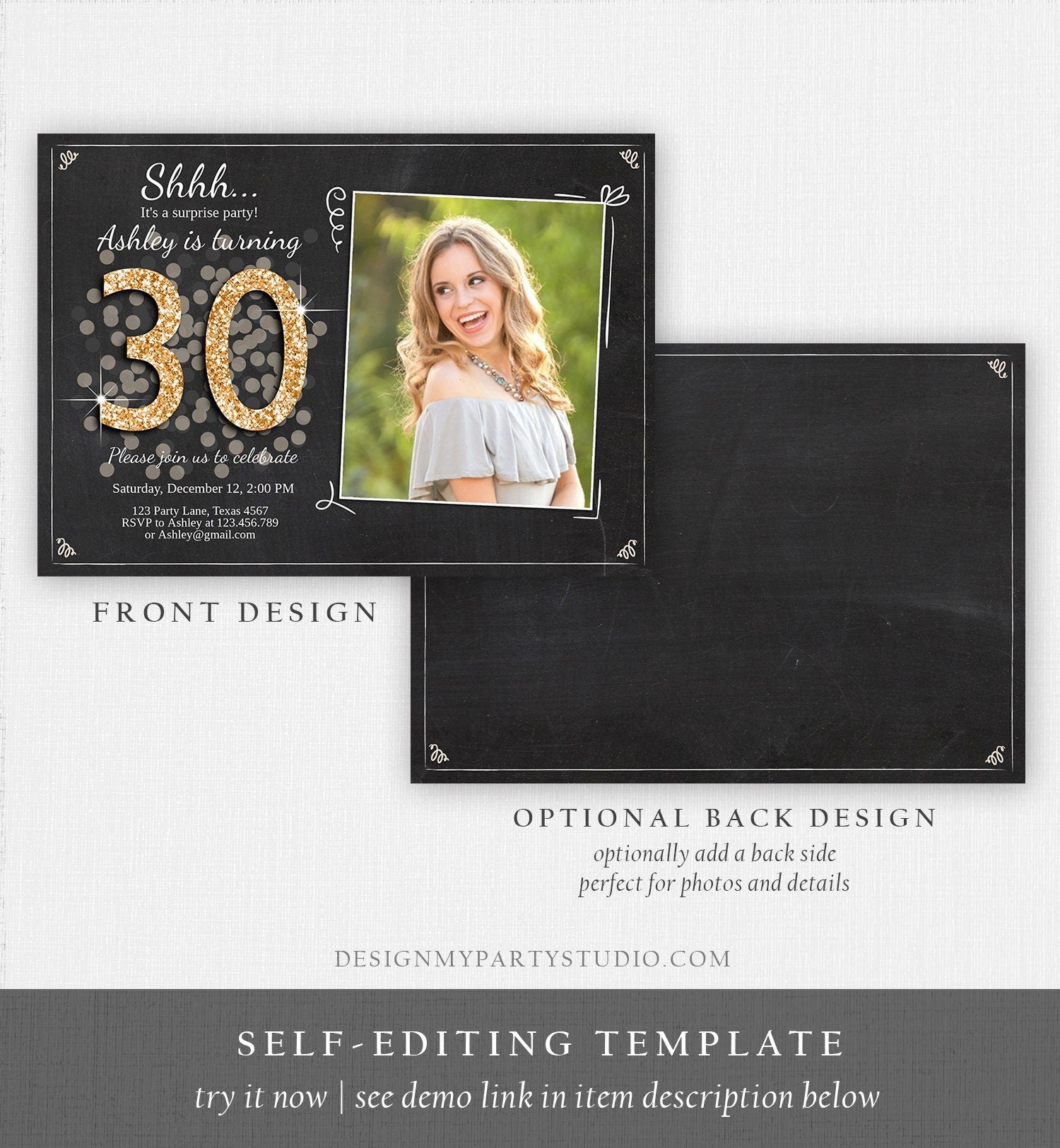 Editable ANY AGE Surprise Birthday Invitation Adult 30th Party Rustic Chalk Black Gold Glitter Photo Download Printable Corjl Template 0103