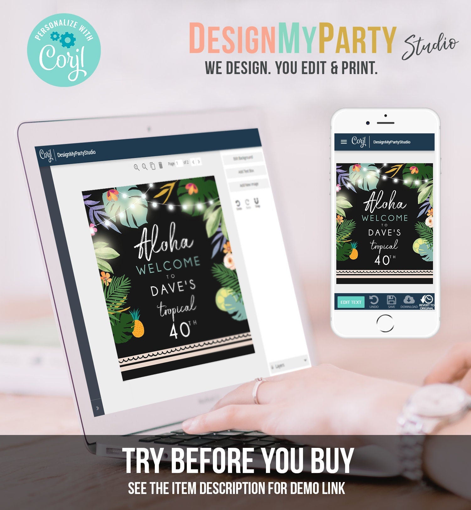 Editable Tropical Birthday Welcome Sign Aloha Tropical Party Adult Birthday Sign Man Palm Leaves Hawaiian Template Printable Digital 0183