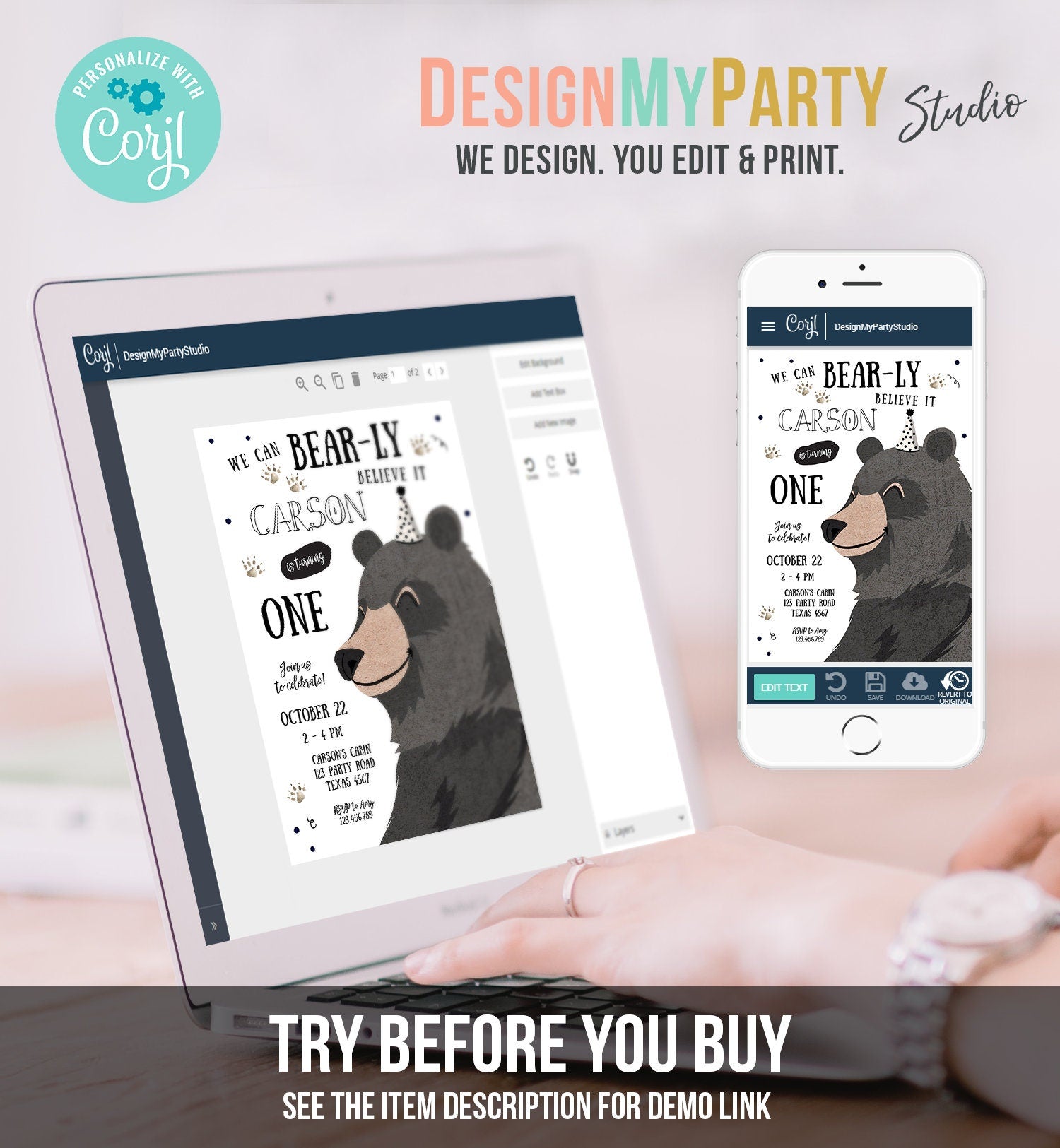 Editable Bear Birthday Invitation Boy Black Bear Evite Little Cub Woodland Camping Party Digital Download Electronic Template Printable 0266