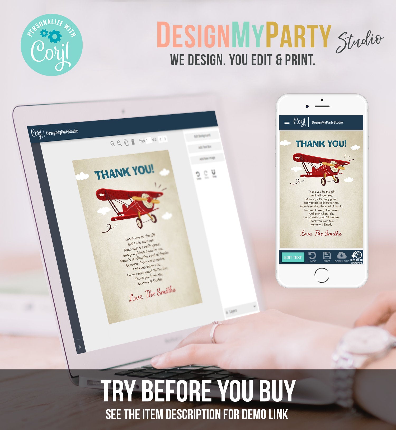 Editable Airplane Thank You Card Airplane Birthday Adventure Travel Baby Shower Vintage Red Plane Aircraft Download Corjl Template 0011