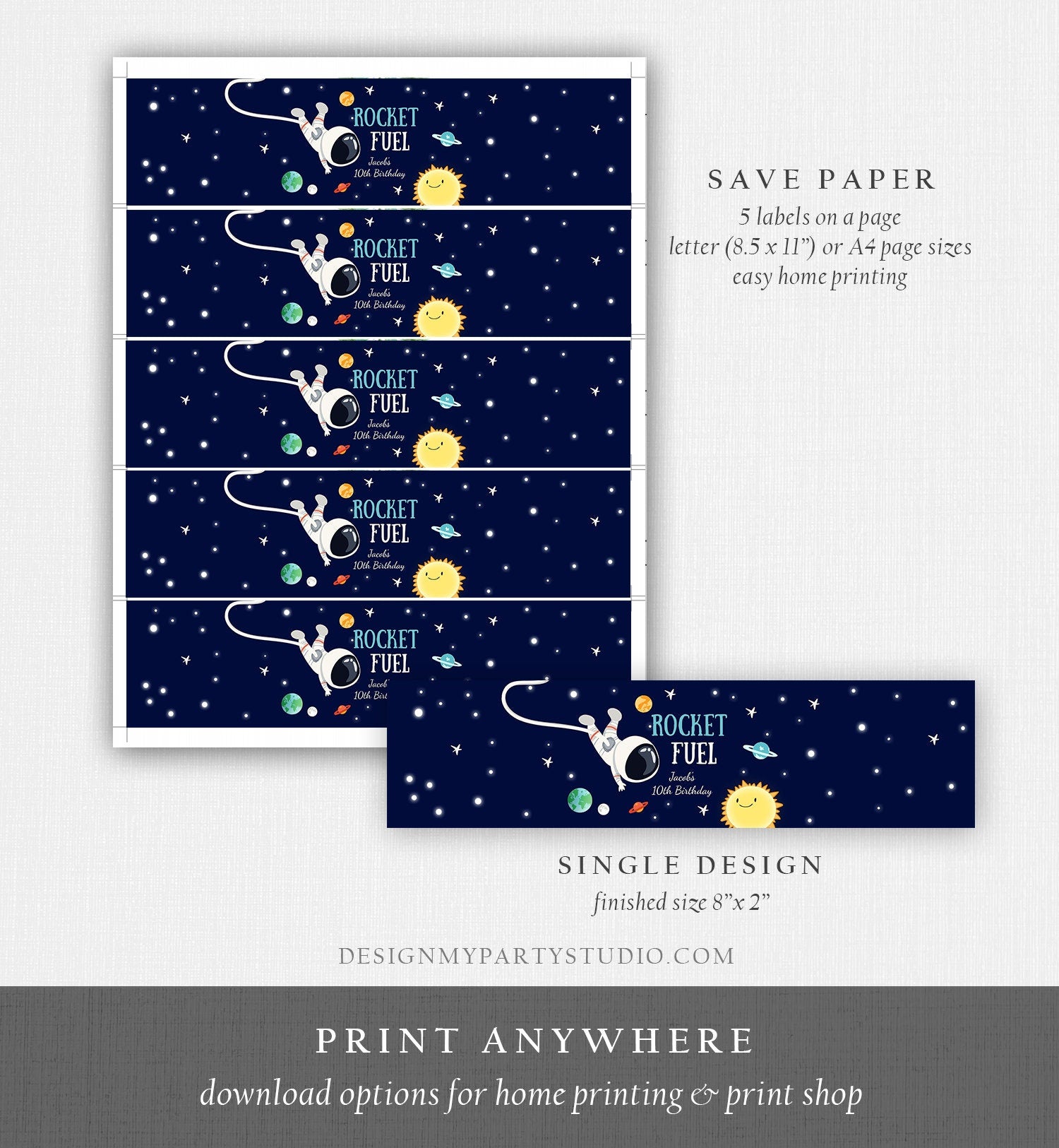 Editable Outer Space Water Bottle Labels Rocket Fuel Labels Boy Space Birthday Astronaut Galaxy Space Decor Corjl Template Printable 0259