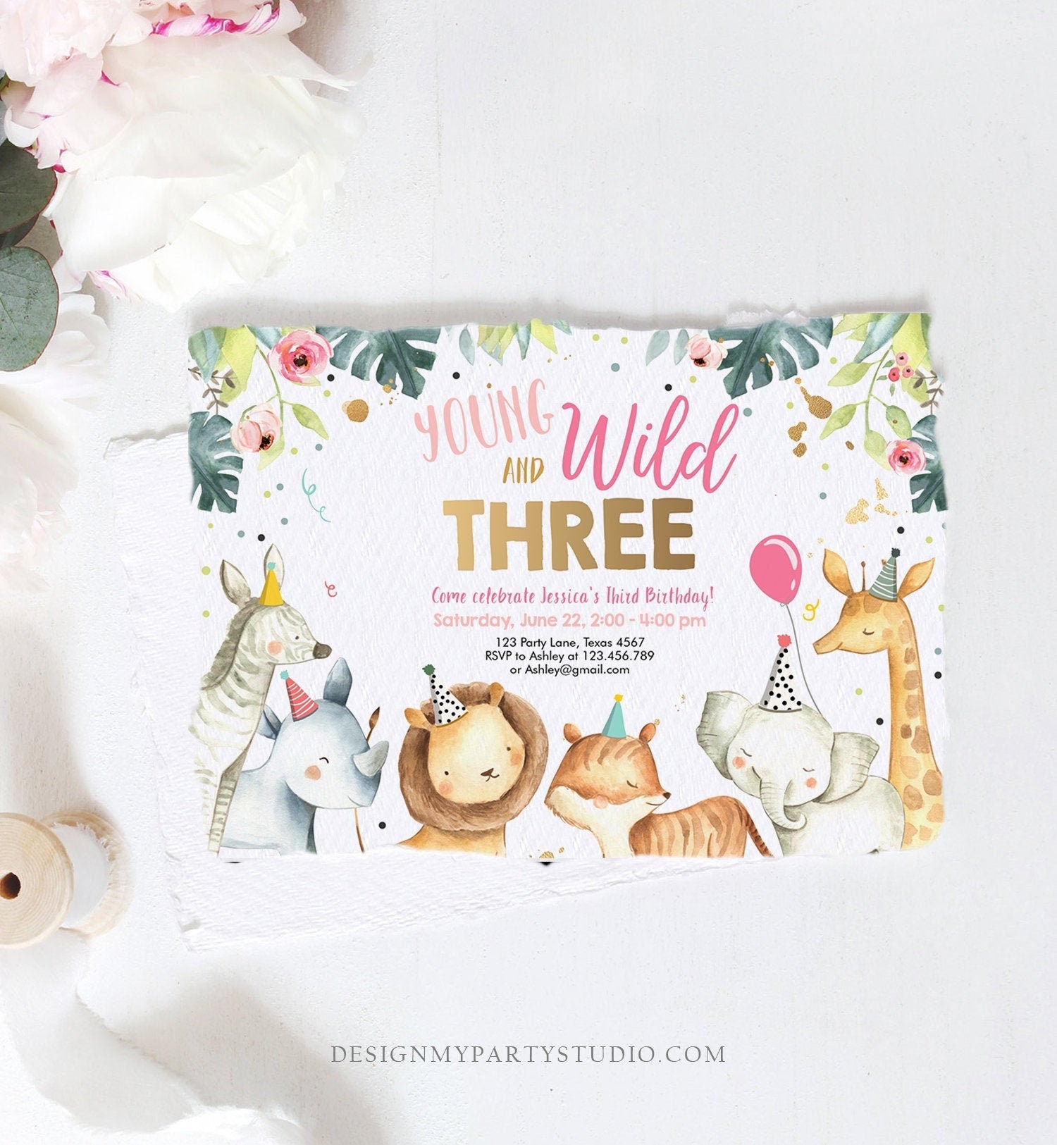 Editable Young Wild and Three Invitation Girl Pink Gold Watercolor Safari Animals Party Zoo Digital Download Evite Template Printable 0163
